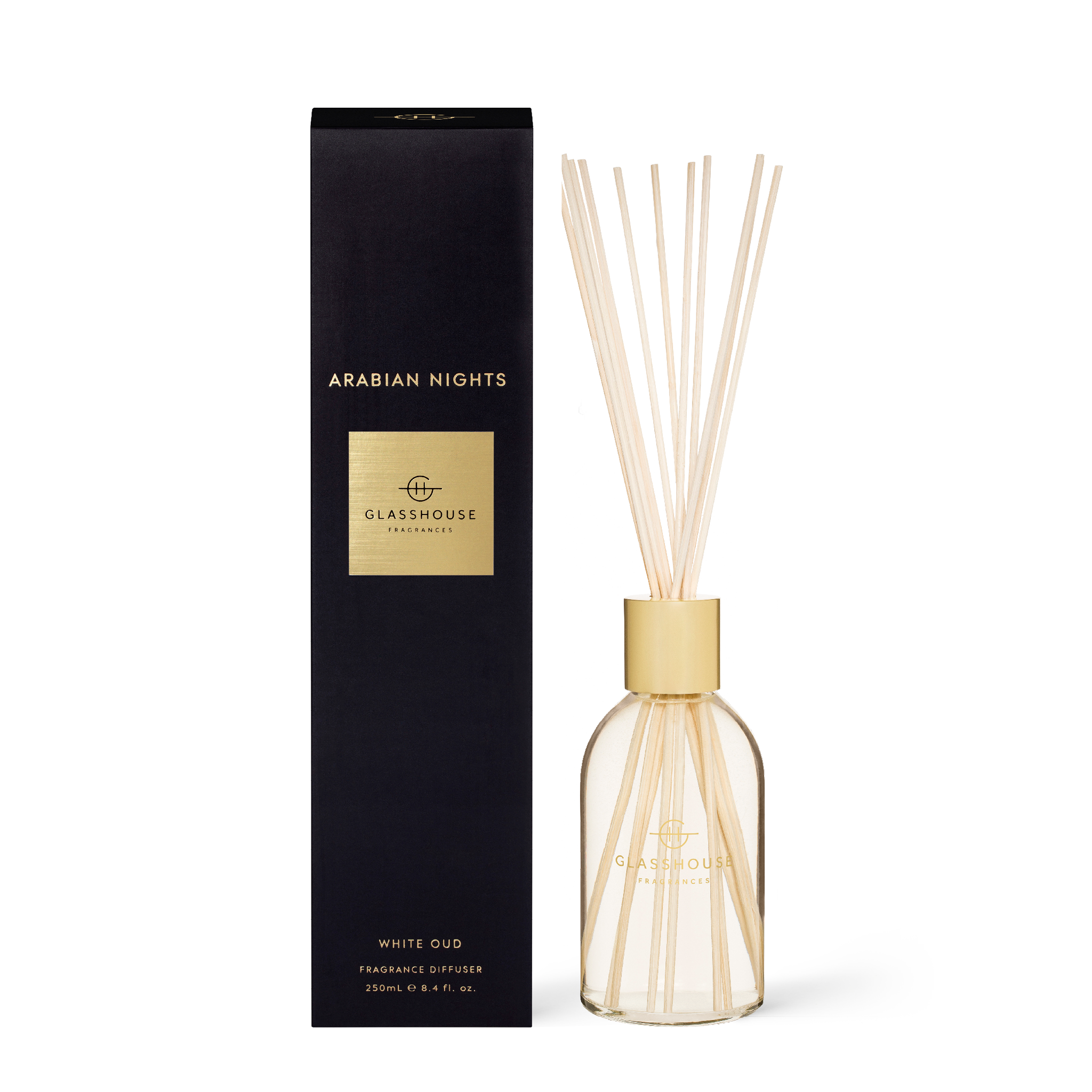 Glasshouse Fragrances Arabian Nights White Oud 250mL Fragrance Diffuser with box