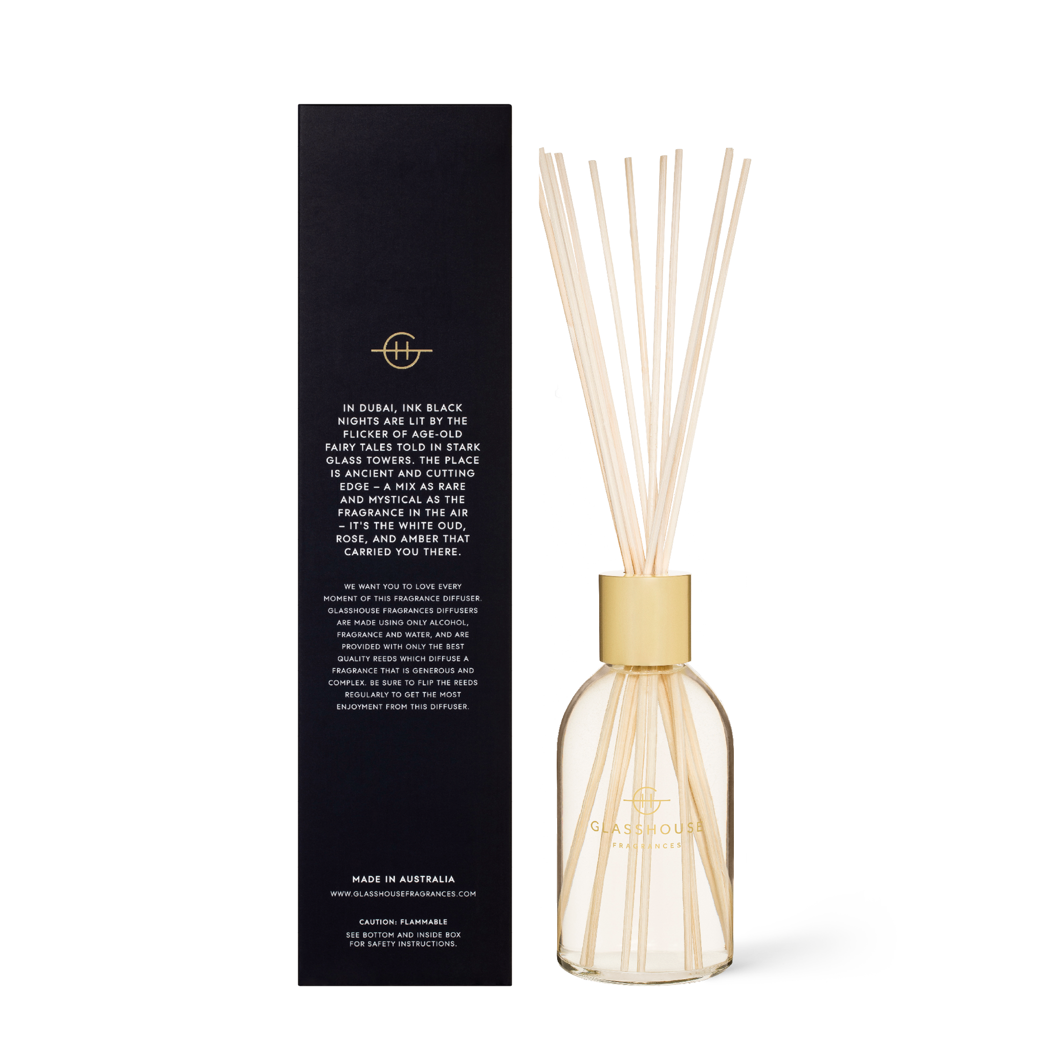 Glasshouse Fragrances Arabian Nights White Oud 250mL Fragrance Diffuser with box - Back of product shot