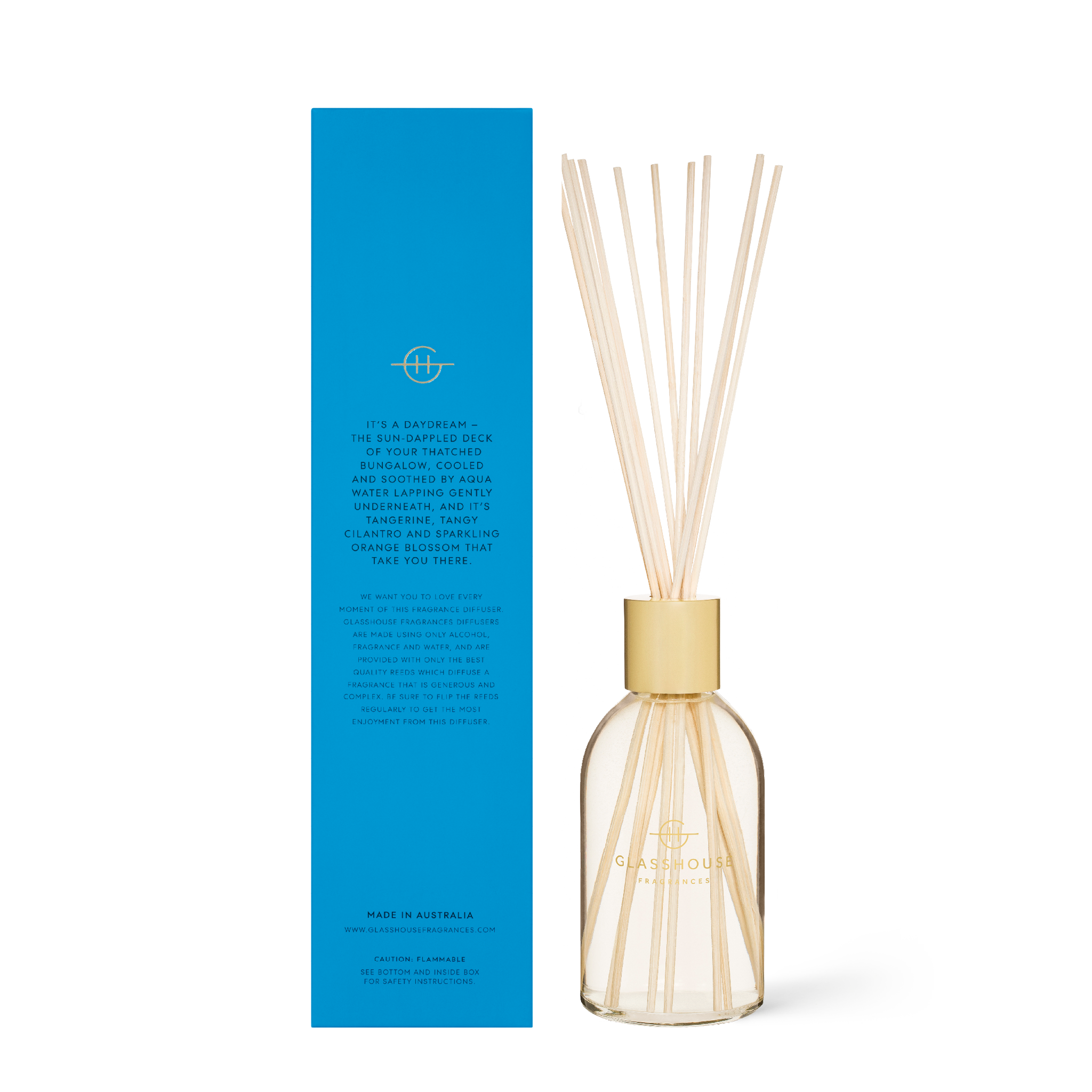 Glasshouse Fragrances Bora Bora Bungalow Cilantro and Orange Zest 250mL Scent Diffuser with box - back of product shot