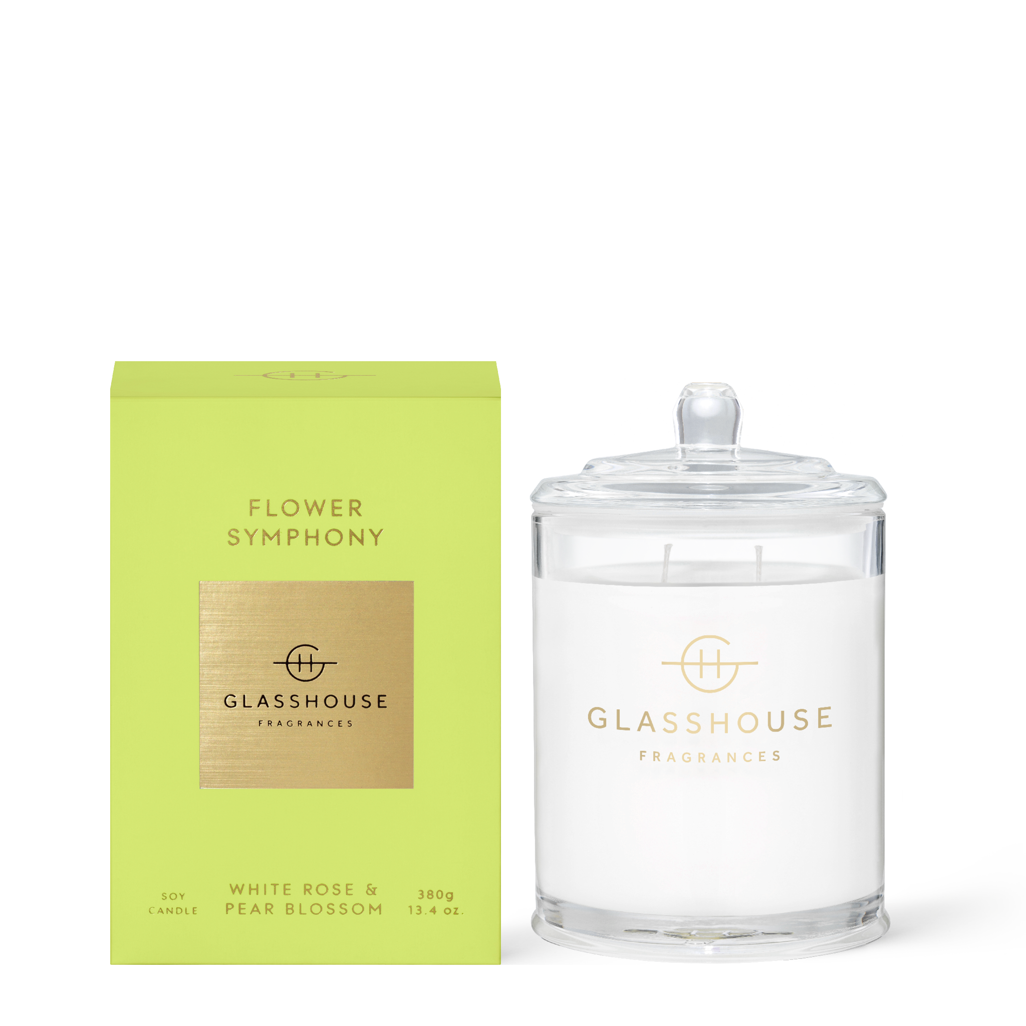 Glasshouse Fragrances Flower Symphony White Rose and Pear Blossom 380g Soy Candle with box