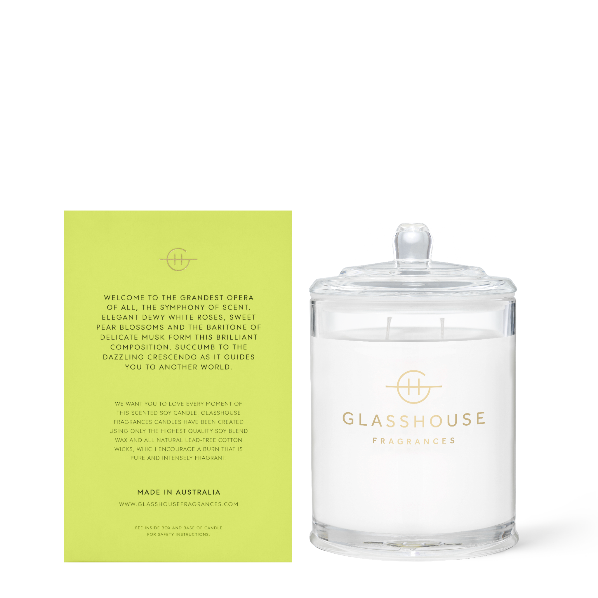 Glasshouse Fragrances Flower Symphony White Rose and Pear Blossom 380g Soy Candle with box - back of product shot