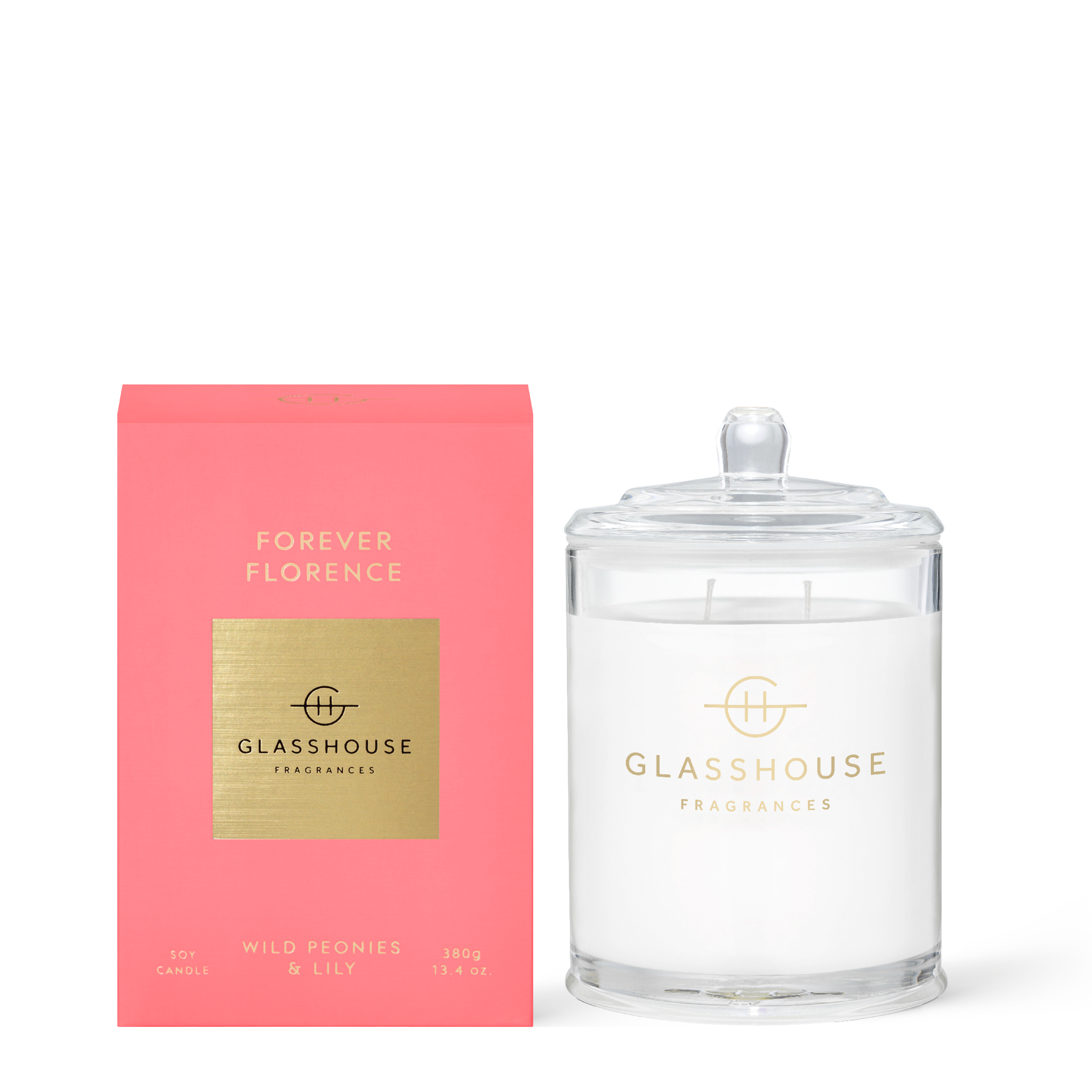 Glasshouse Fragrances Forever Florence Wild Peonies and Lily 380g Soy Candle with box