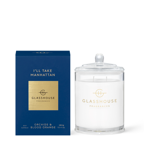 Glasshouse Fragrances I'll Take Manhattan Orchids and Blood Orange  380g Soy Candle with box