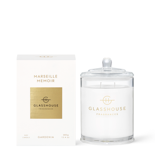 Glasshouse Fragrances Marseille Memoir Gardenia and Saffron 380g Soy Candle with box