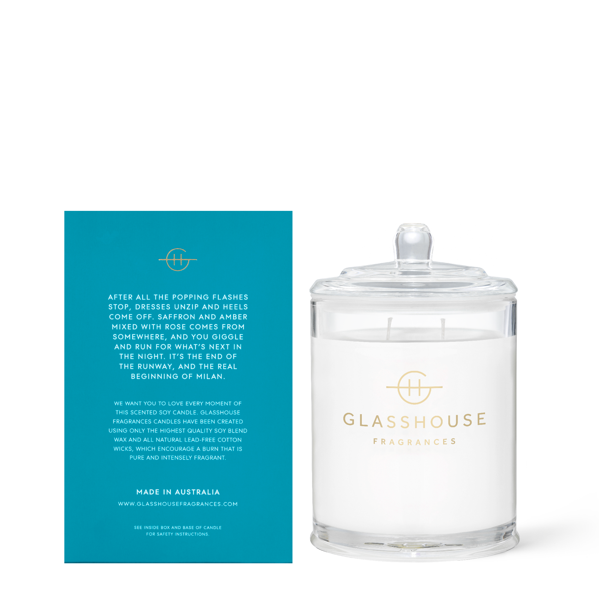 Glasshouse Fragrances Midnight in Milan Saffron and Rose 380g Soy Candle with box - back of product shot