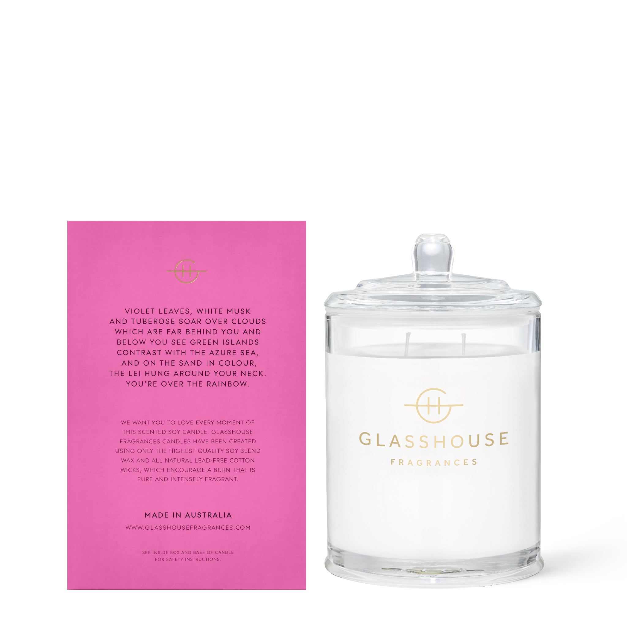 Glasshouse Fragrances Over the Rainbow Violet Leaves and White Musk 380g Soy Candle with box - back of product shot