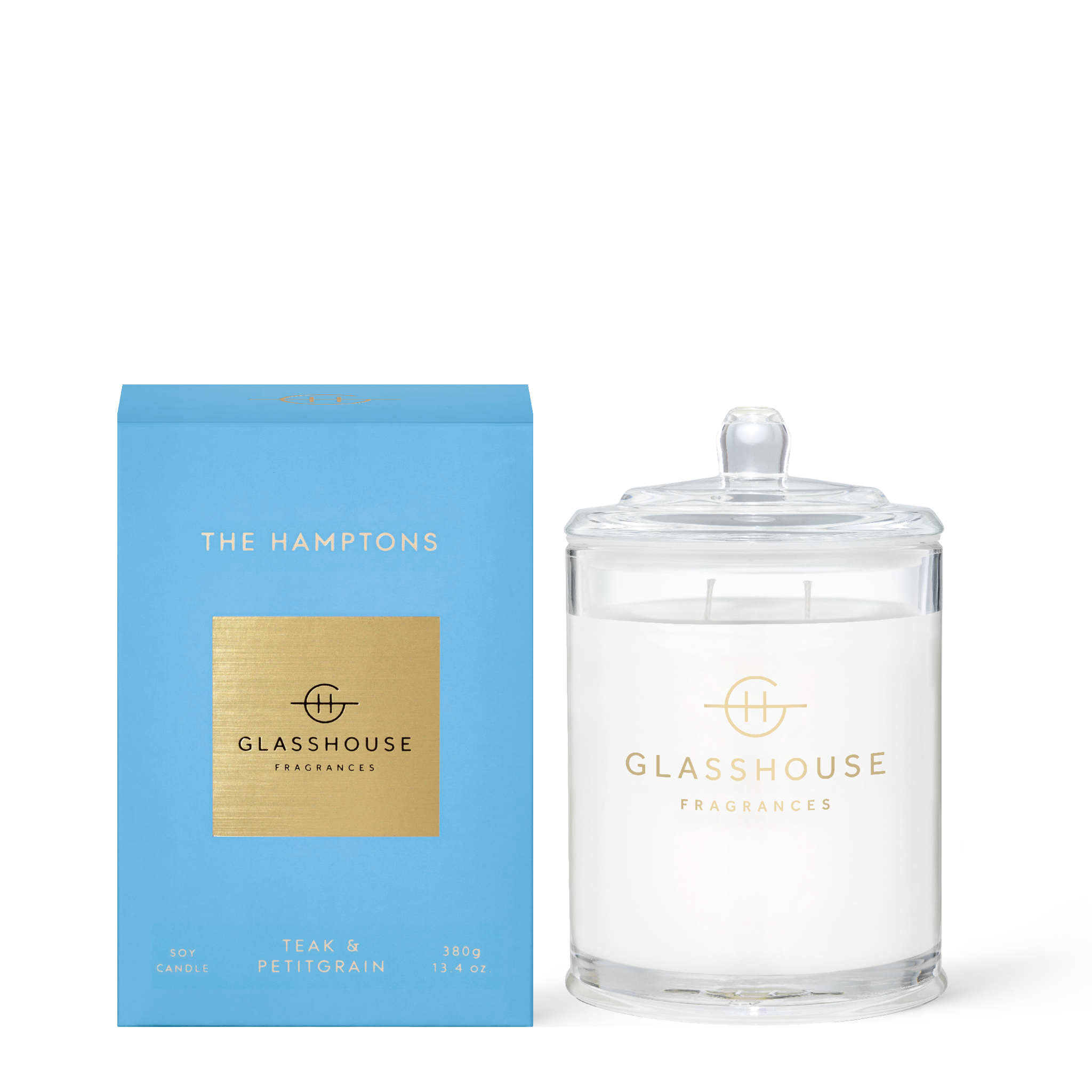Glasshouse Fragrances The Hamptons Teak and Petitgrain 380g Soy Candle with box