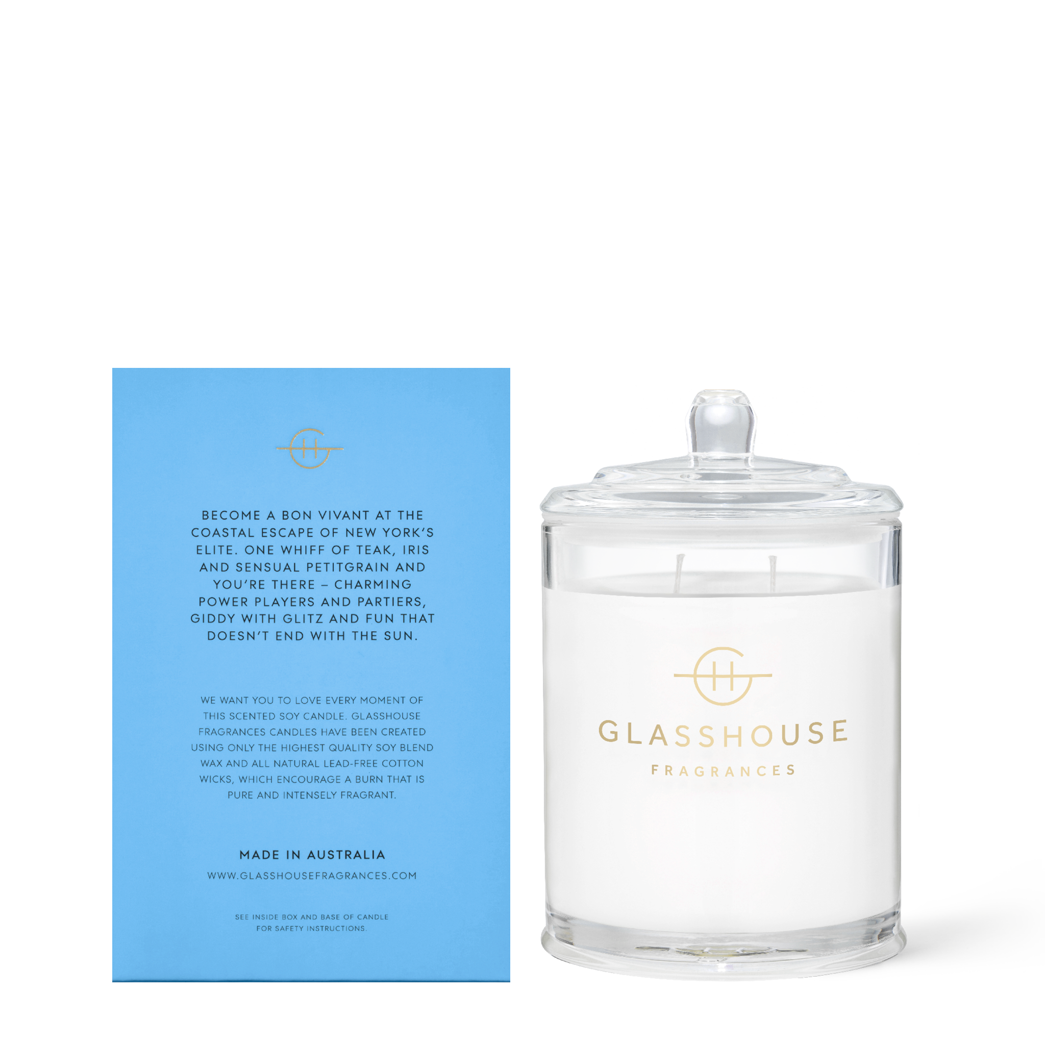 Glasshouse Fragrances The Hamptons Teak and Petitgrain 380g Soy Candle with box - back of product shot