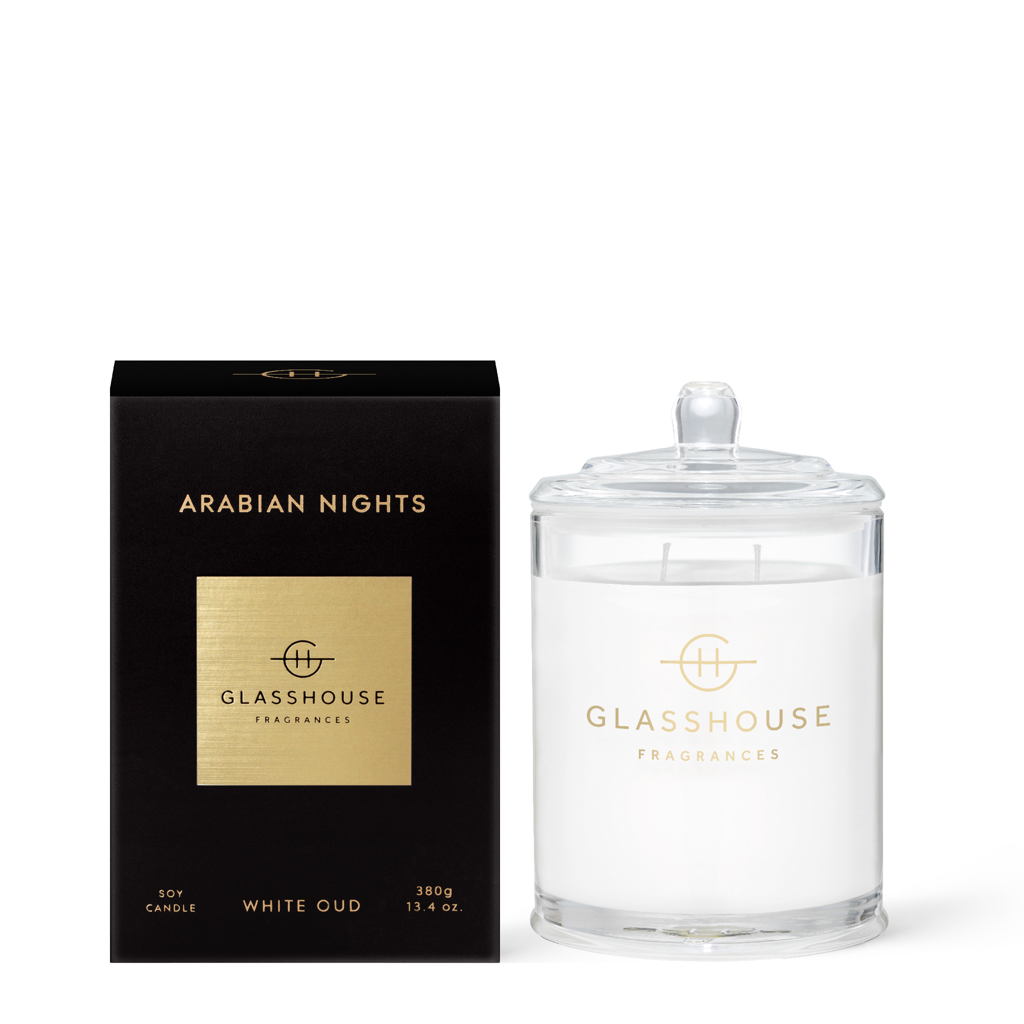Glasshouse Fragrances Arabian Nights White Oud 380g Soy Candle with box