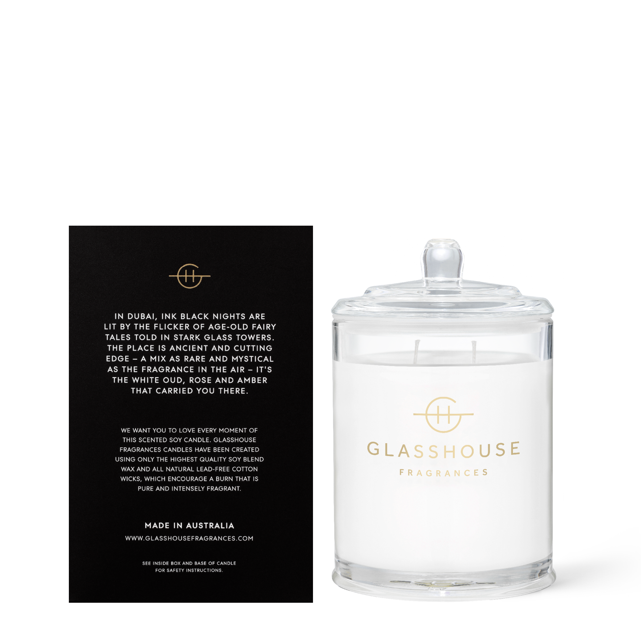 Glasshouse Fragrances Arabian Nights White Oud 380g Soy Candle with box - Back of product shot