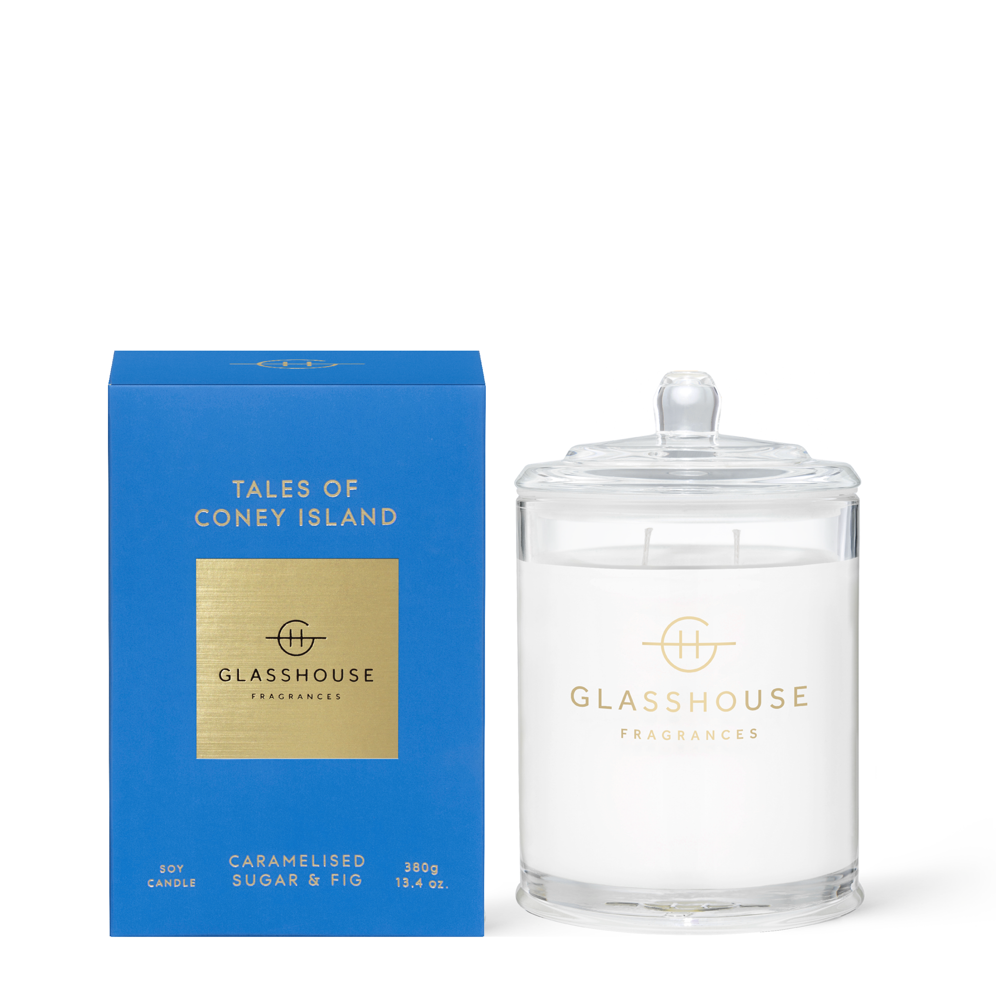 Glasshouse Fragrances Tales of Coney Island Caramelised Sugar and Fig 380g Soy Candle with box