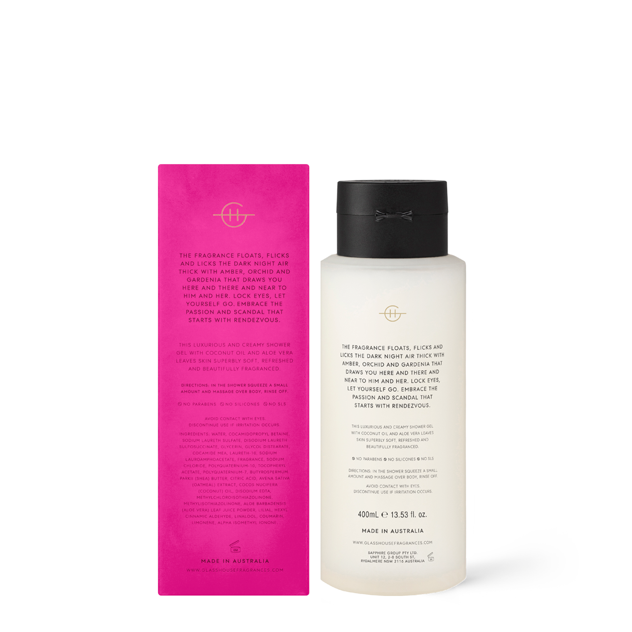 Glasshouse Fragrances Rendevous Amber and Orchid 400mL Shower Gel with box - back of product shot