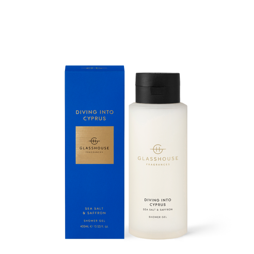 Glasshouse Fragrances Diving Into Cyprus Sea Salt & Saffron 400mL Shower Gel with box