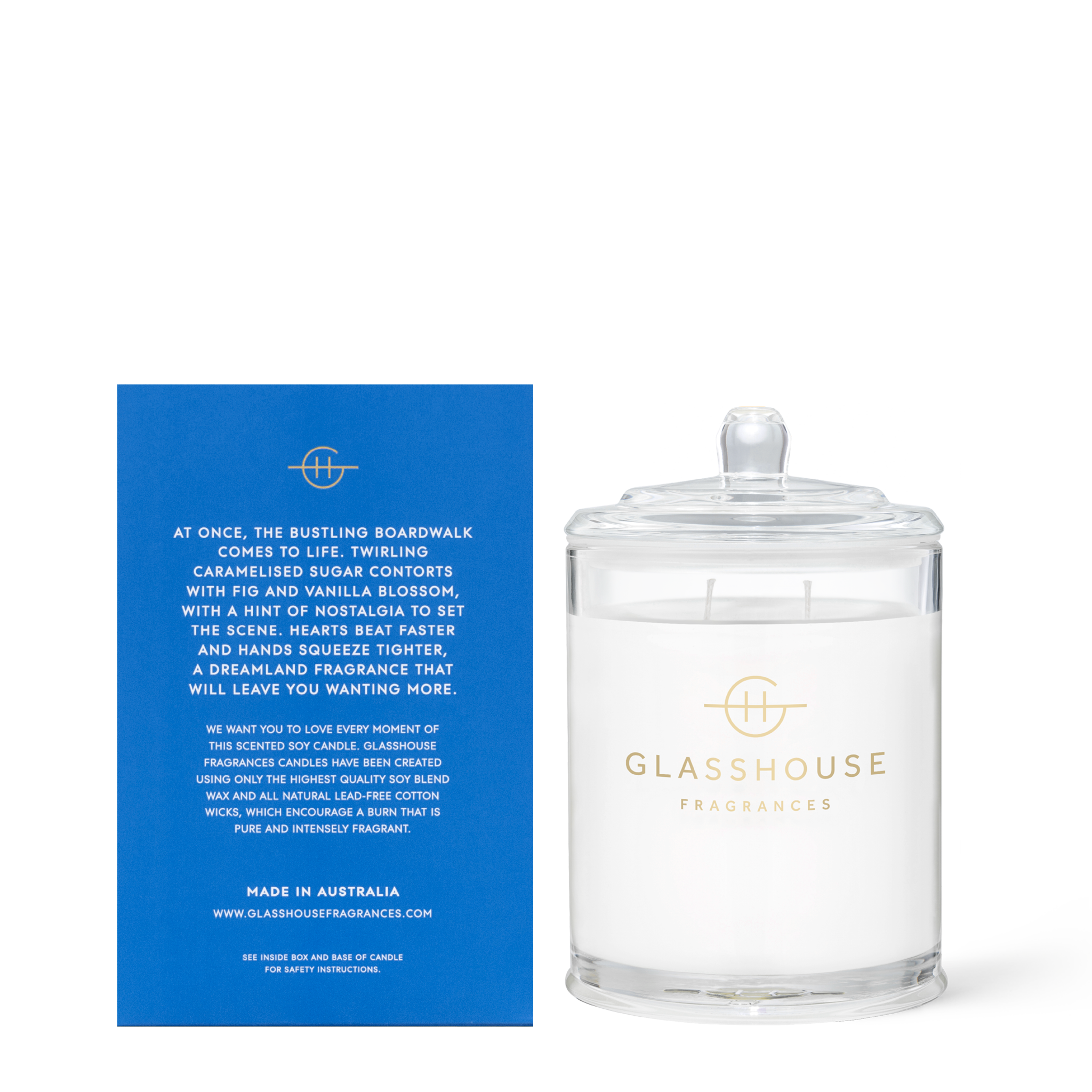 Glasshouse Fragrances Tales of Coney Island Caramelised Sugar and Fig 380g Soy Candle with box - back of product shot