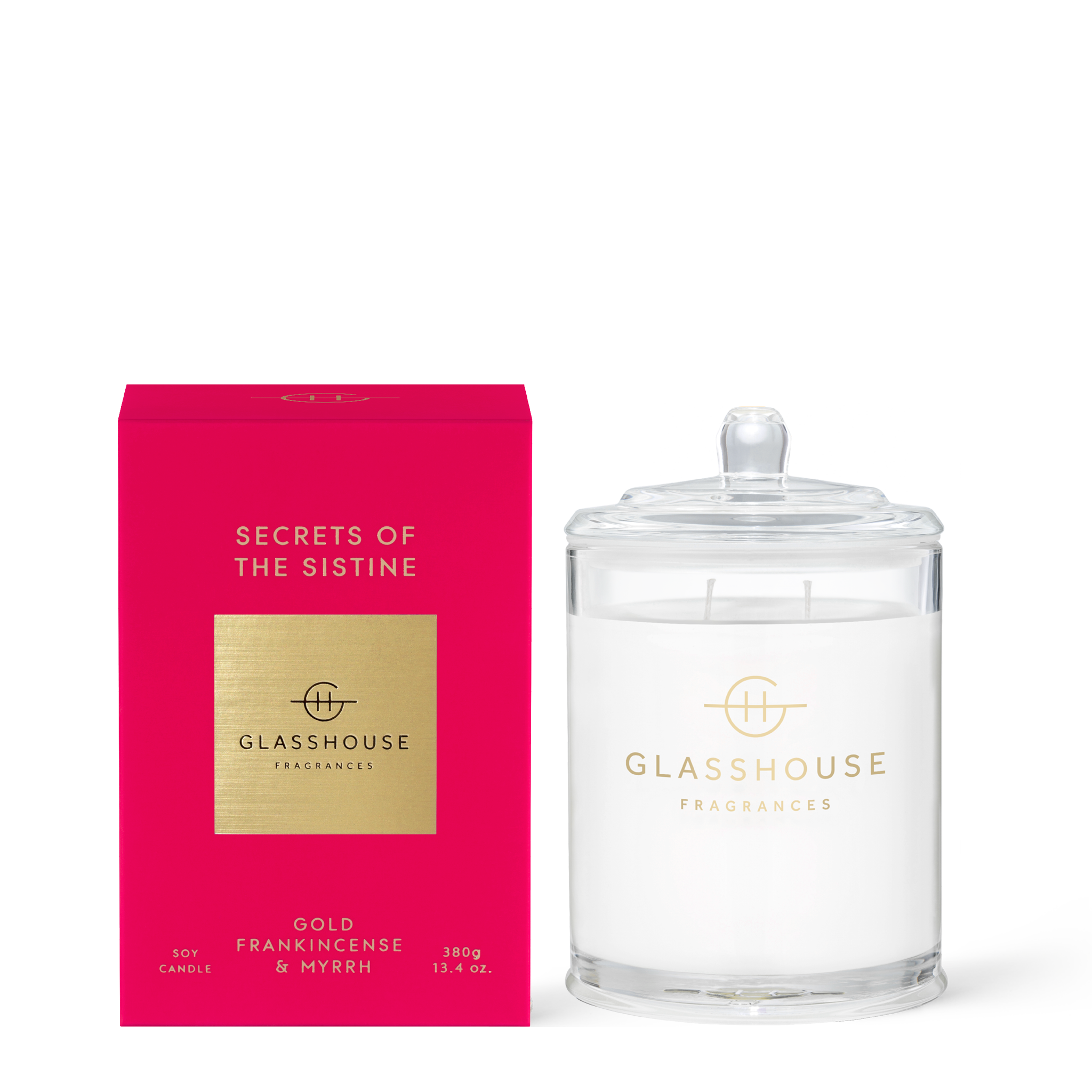Glasshouse Fragrances Secrets of the Sistine Frankincense and Myrrh 380g Soy Candle with box