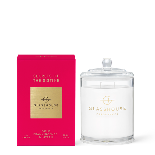Glasshouse Fragrances Secrets of the Sistine Frankincense and Myrrh 380g Soy Candle with box