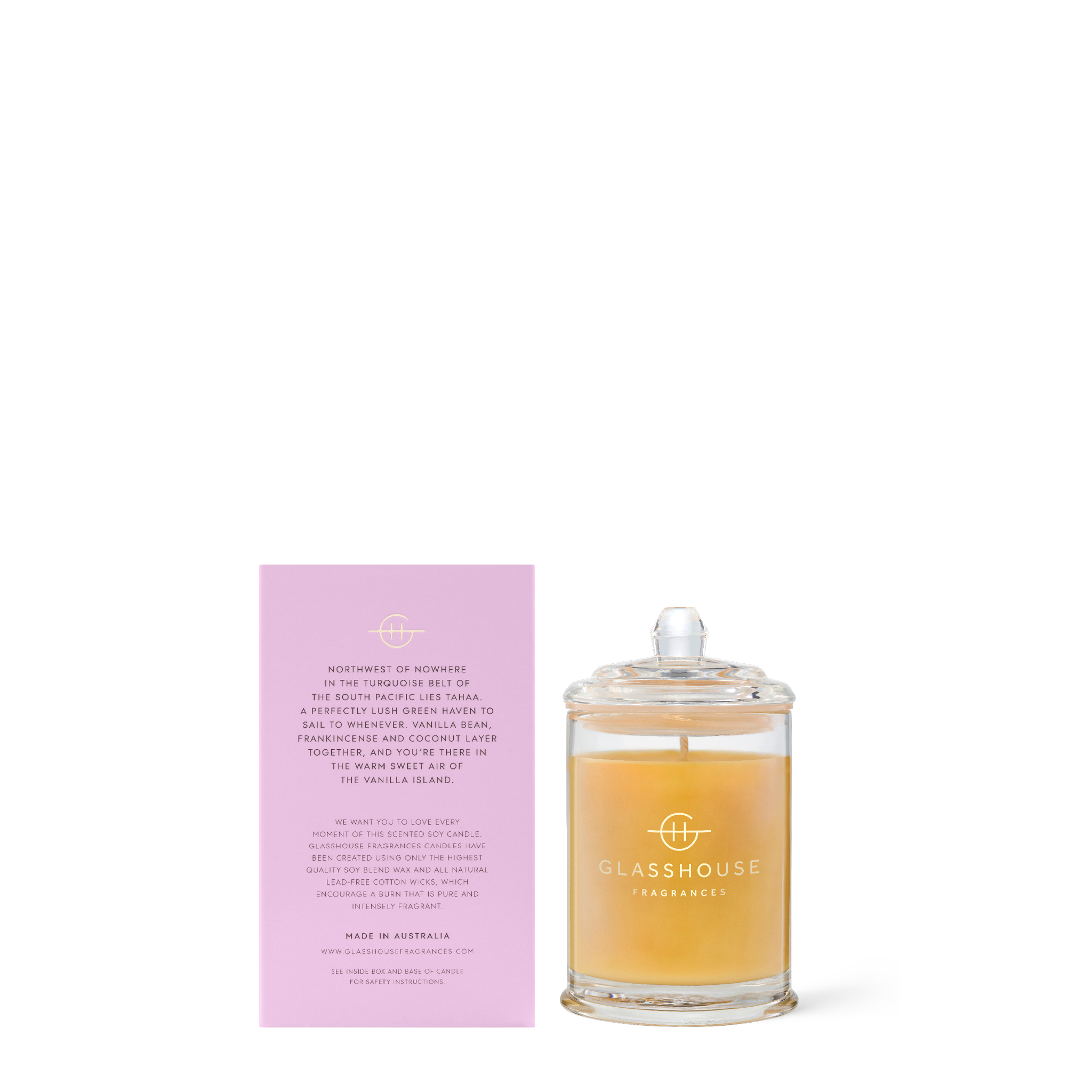 Glasshouse Fragrances A Tahaa Affair Vanilla Caramel 60g Soy Candle with box - Back of product shot