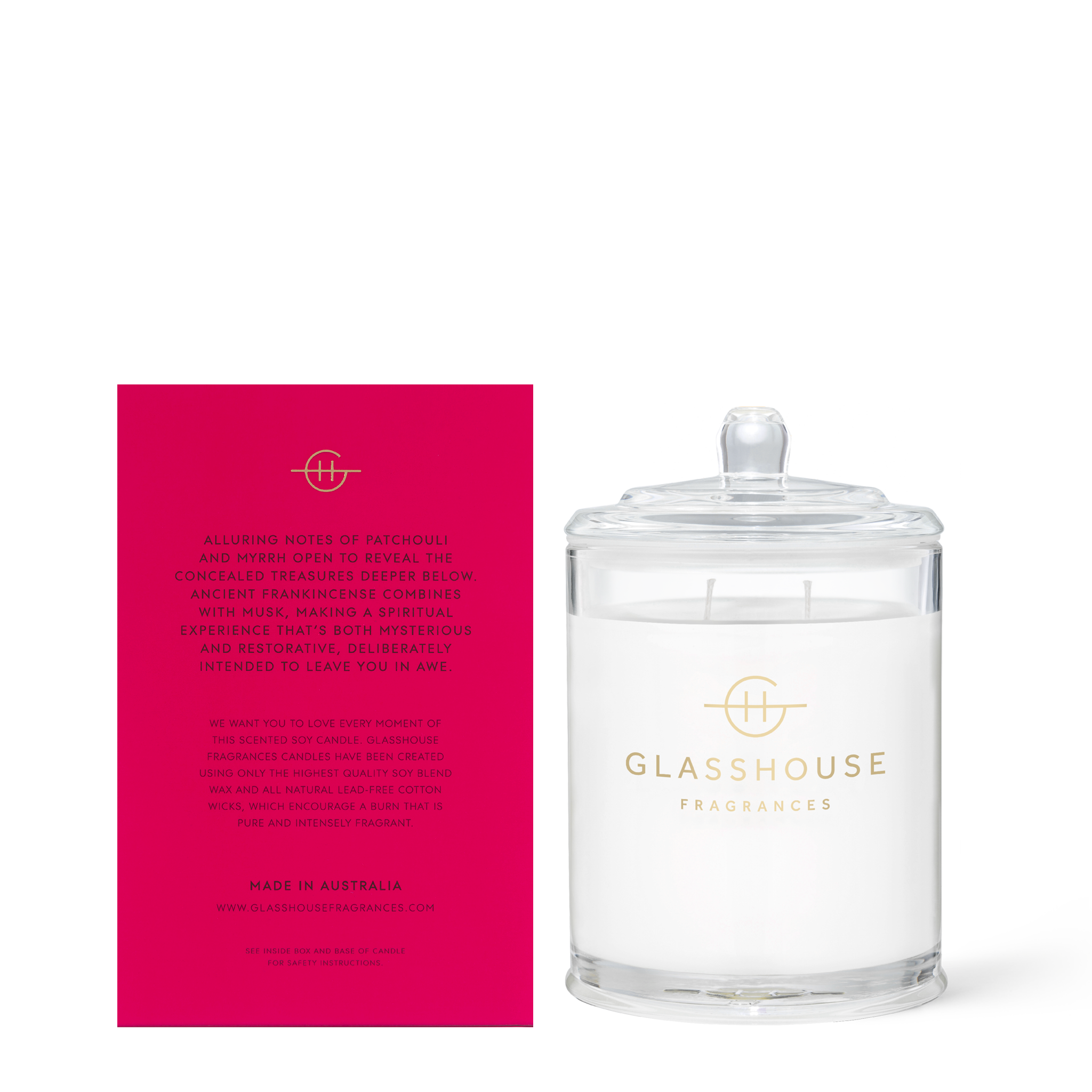 Glasshouse Fragrances Secrets of the Sistine Frankincense and Myrrh 380g Soy Candle with box - back of product shot