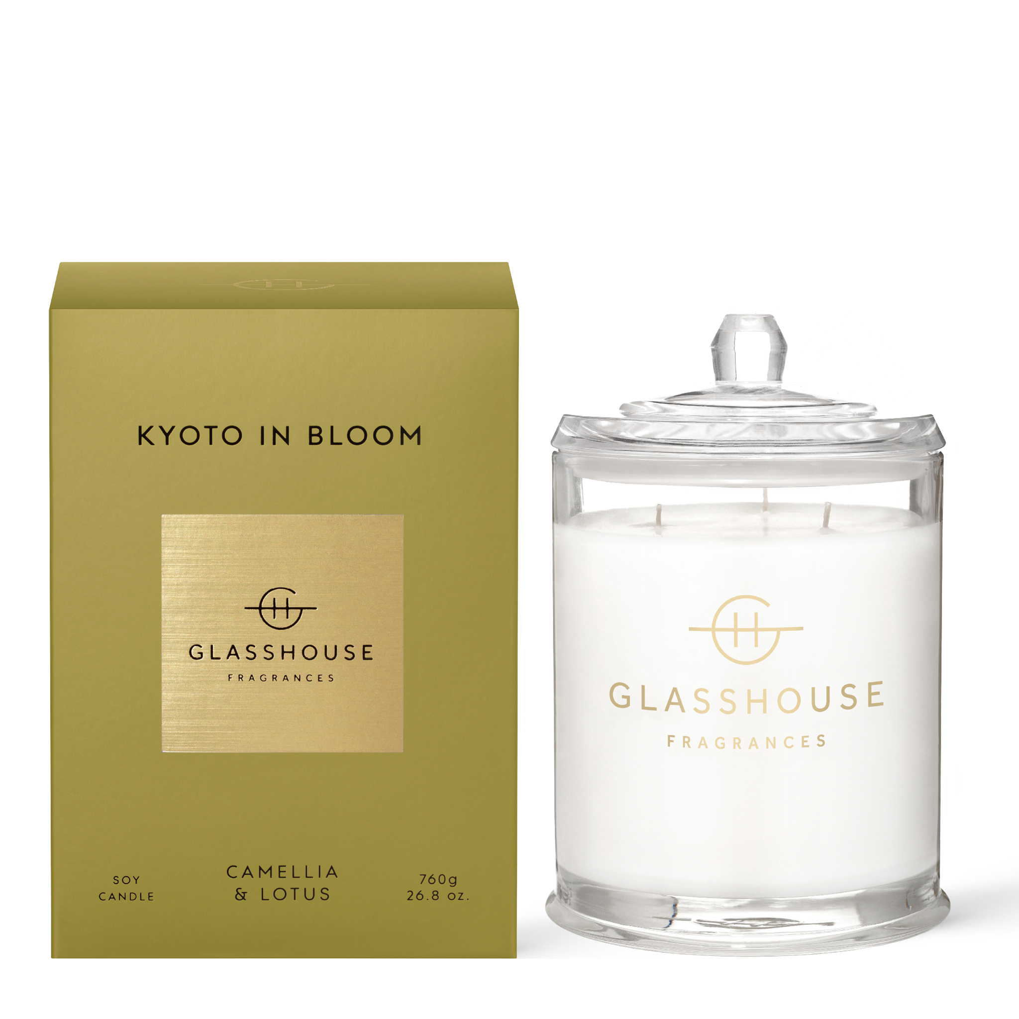 Glasshouse Fragrances Kyoto in Bloom Camellia and Lotus 760g Soy Candle with box
