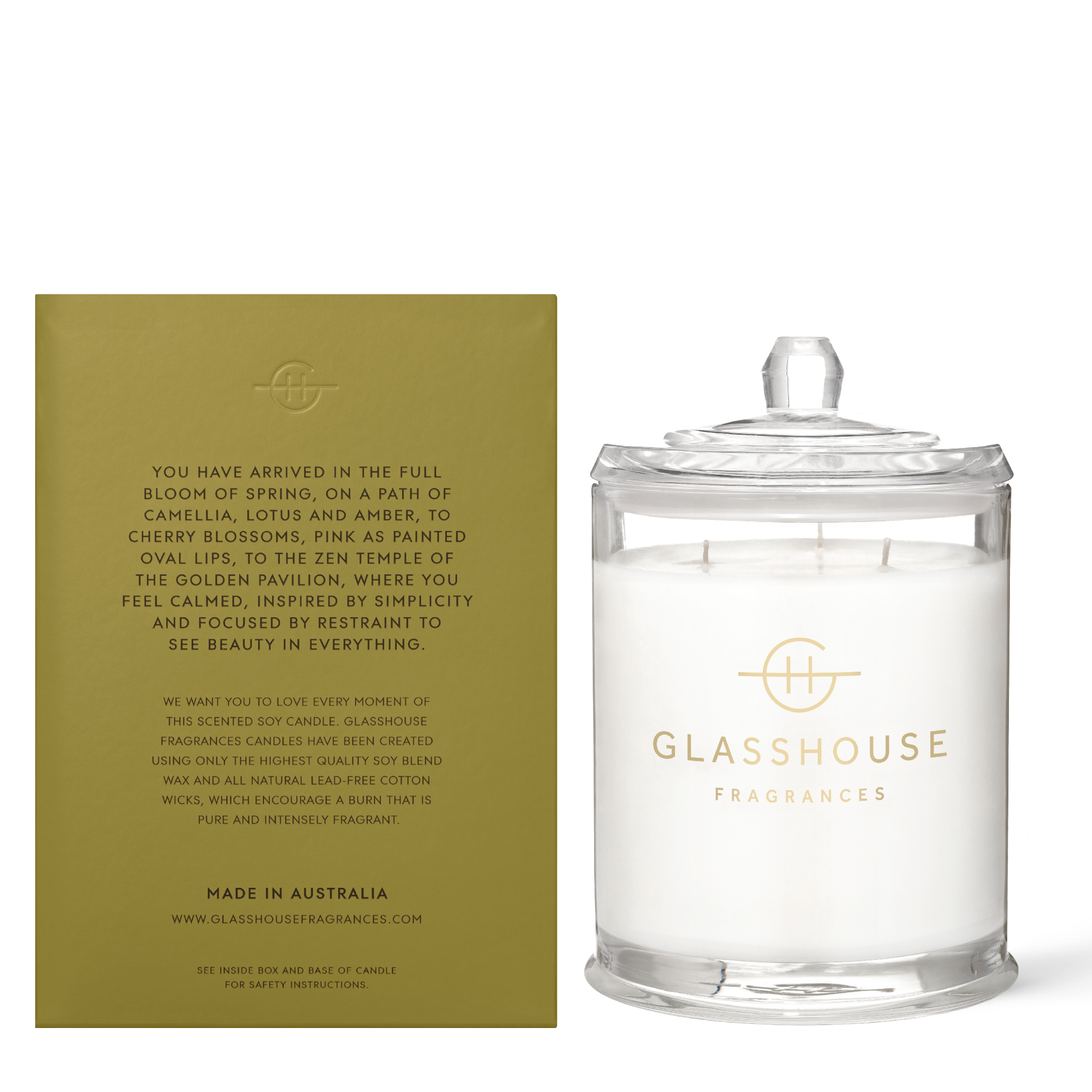Glasshouse Fragrances Kyoto in Bloom Camellia and Lotus 760g Soy Candle with box - back of product shot