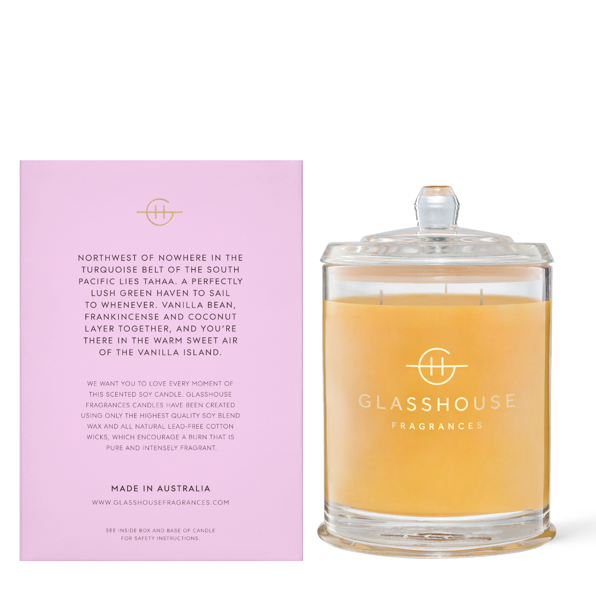 Glasshouse Fragrances A Tahaa Affair Vanilla Caramel 760g Soy Candle with box - Back of product shot