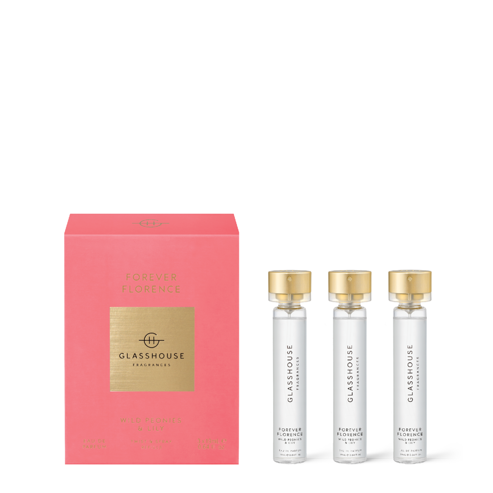 Glasshouse Fragrances Forever Florence Wild Peonies and Lily three atomiser fragrance refill vials with box