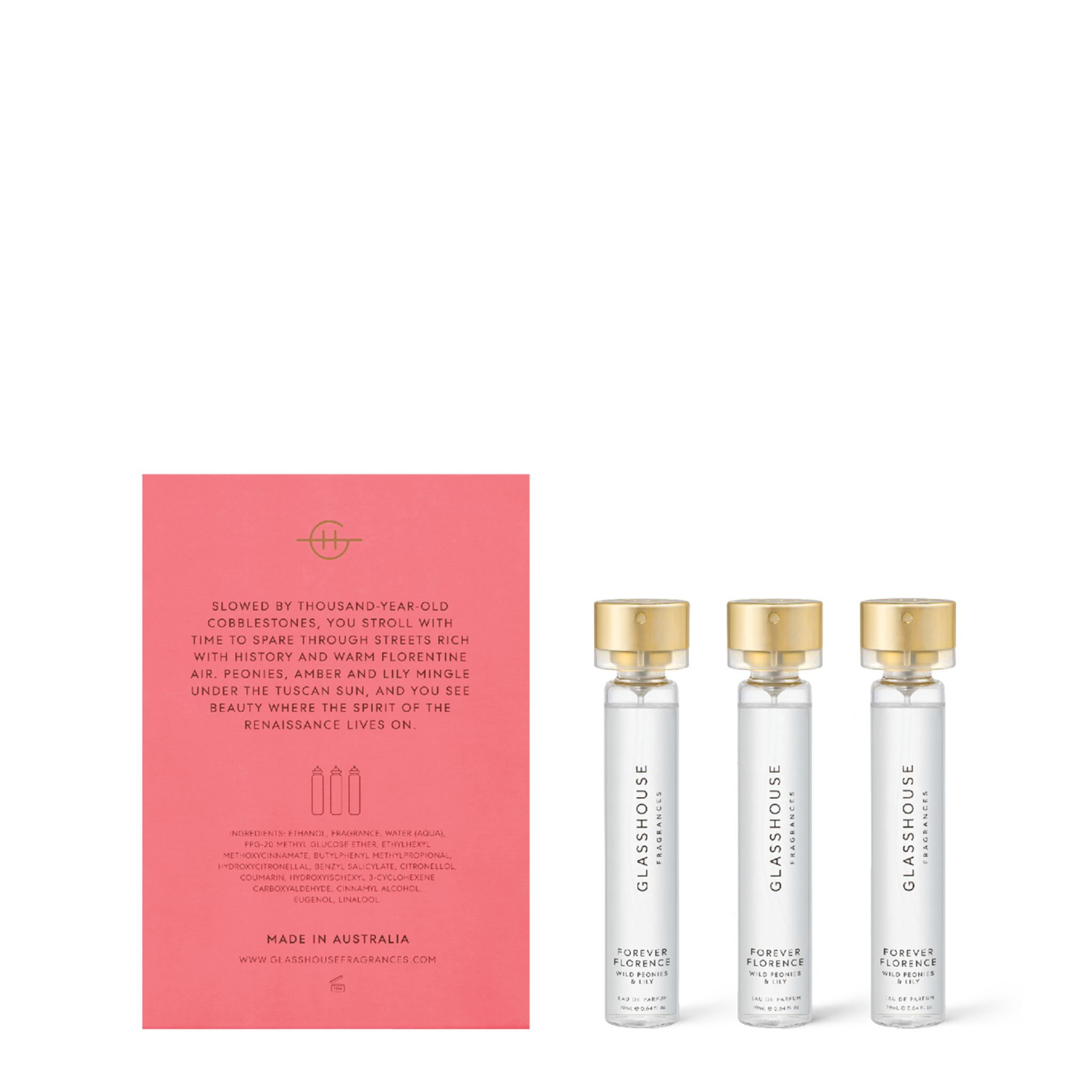 Glasshouse Fragrances Forever Florence Wild Peonies and Lily three atomiser fragrance refill vials with box - back of product shot