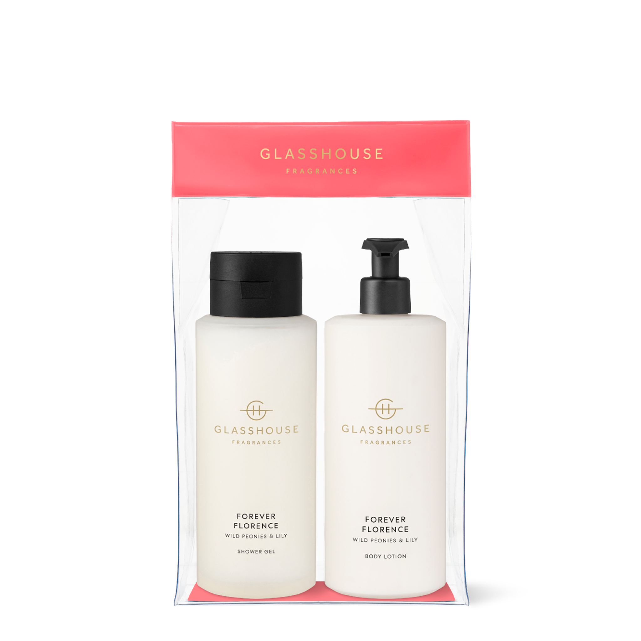 Glasshouse Fragrances Forever Florence Wild Peonies and Lily 400mL Body Lotion and Shower Gel in plastic case
