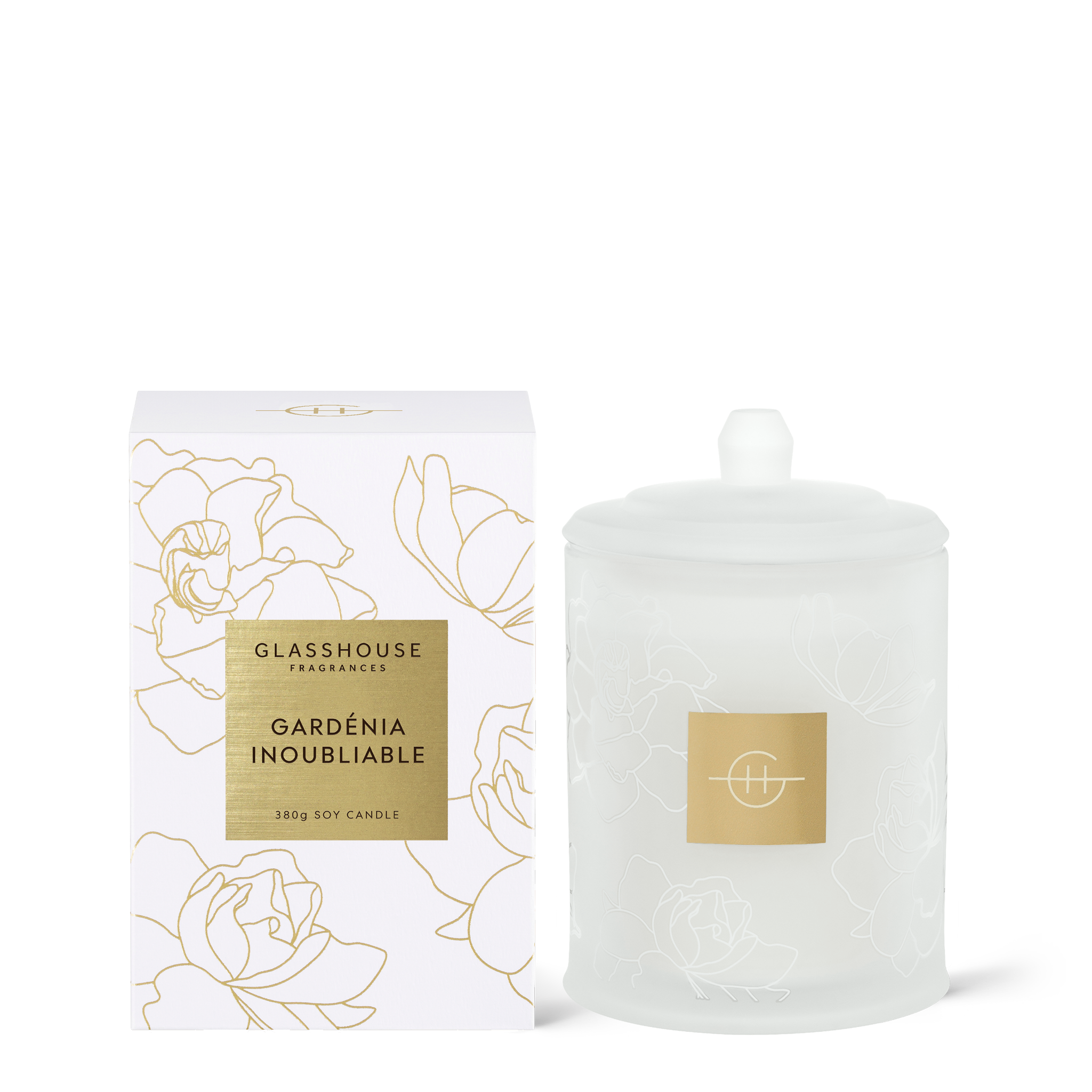 Gardenia Inoubliable 380g Triple Scented Soy Candle, box and vessel, by Glasshouse Fragrances
