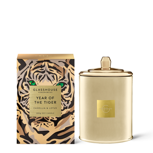 Glasshouse Fragrances Limited Edition Year of the Tiger Camellia and Lotus 380g Soy Candle with box