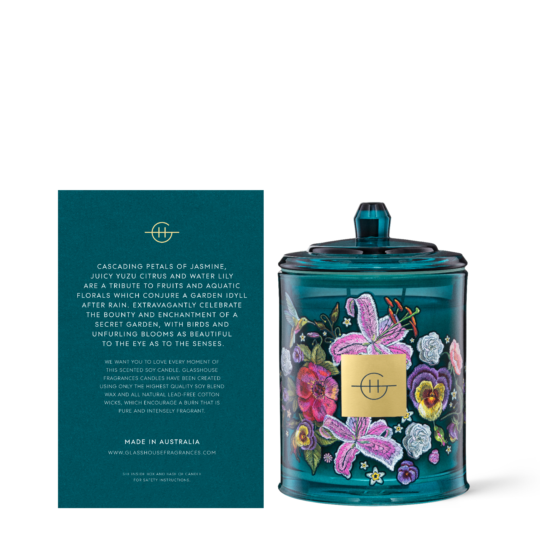 Glasshouse Fragrances Velvet Rhapsody Water Lily & Yuzu 380g Soy Candle with box - Back of product shot