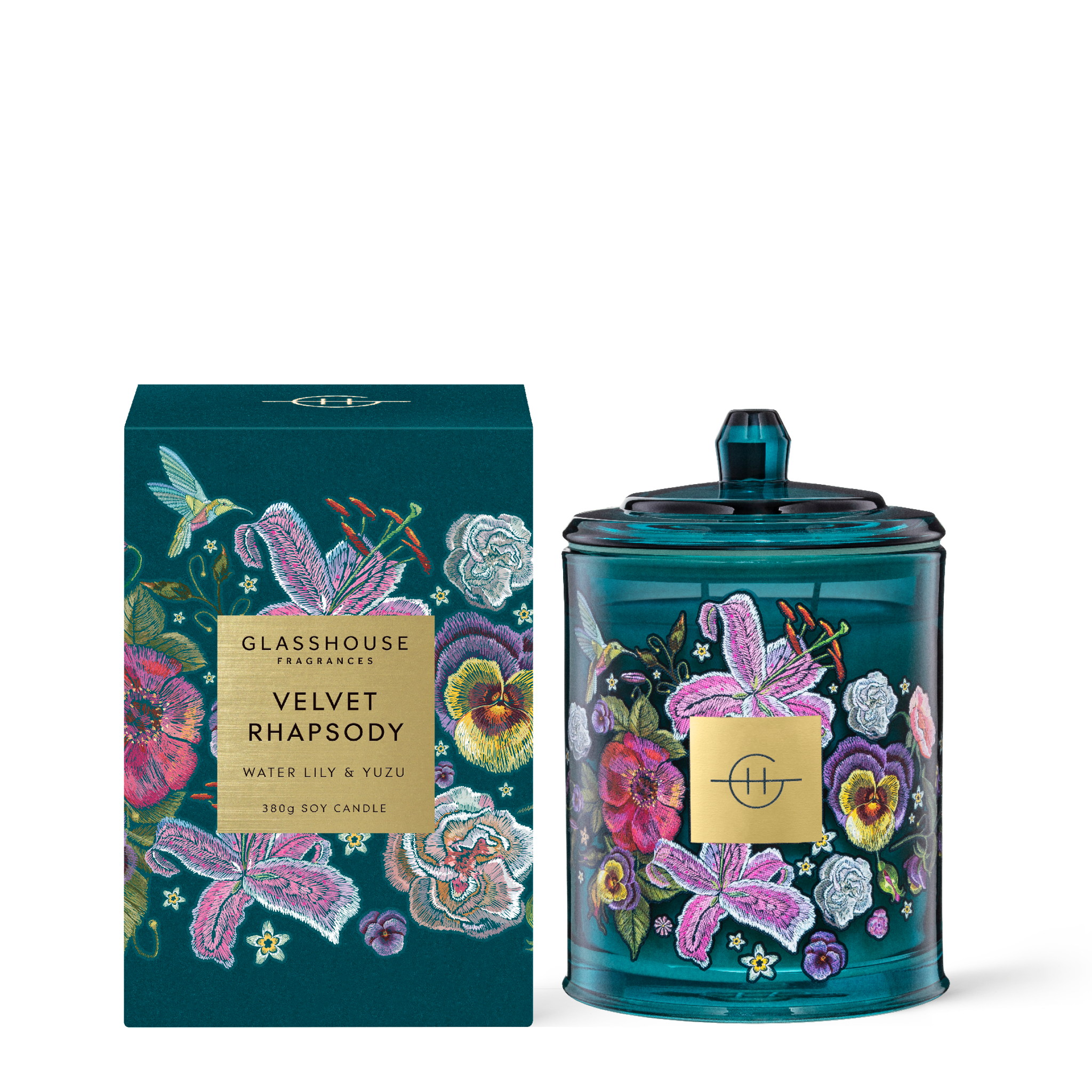Glasshouse Fragrances Velvet Rhapsody Water Lily & Yuzu 380g Soy Candle with box