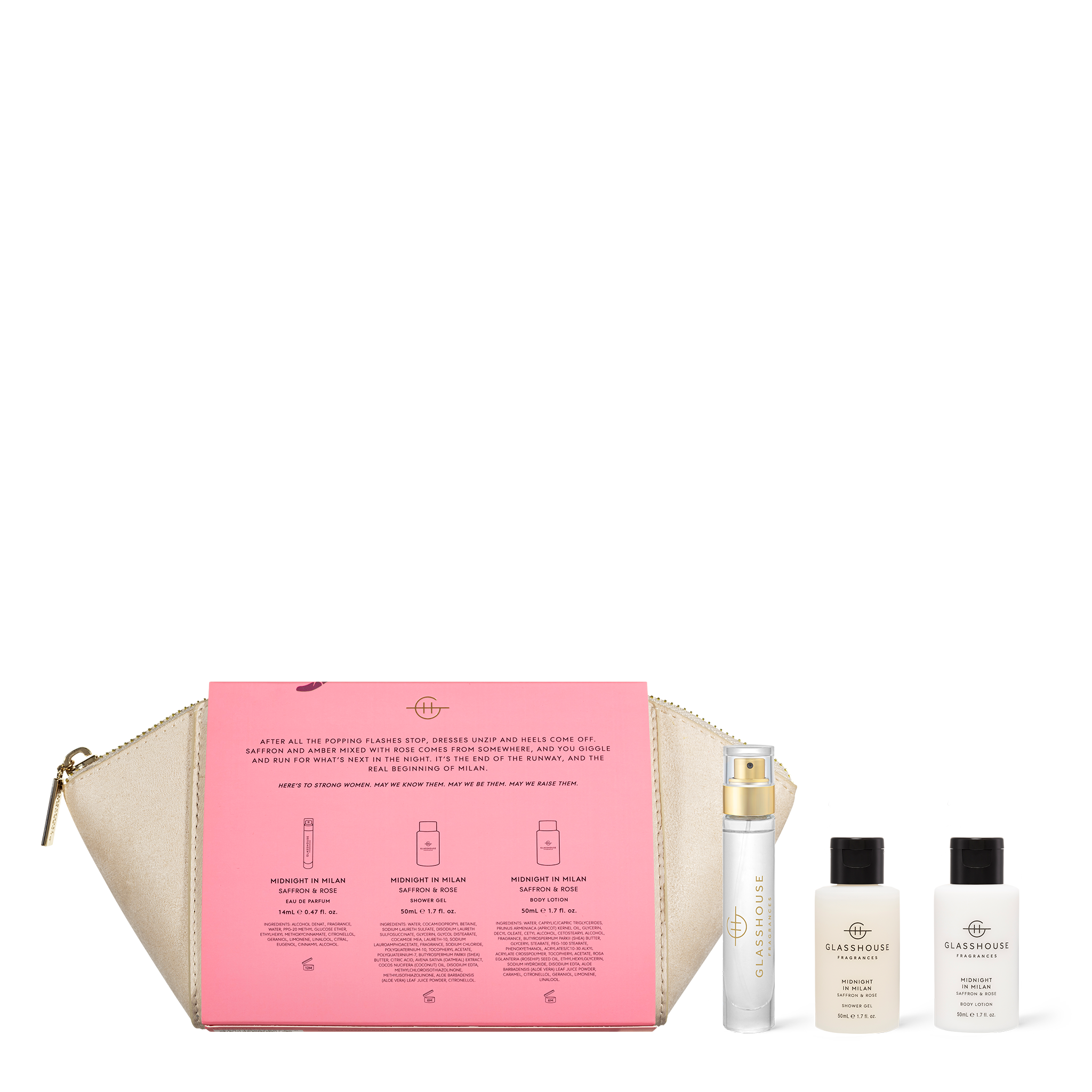 Glasshouse Fragrances Midnight in Milan Saffron and Rose Shower Gel, Body Lotion, Eau de Parfum, travel case - back of product