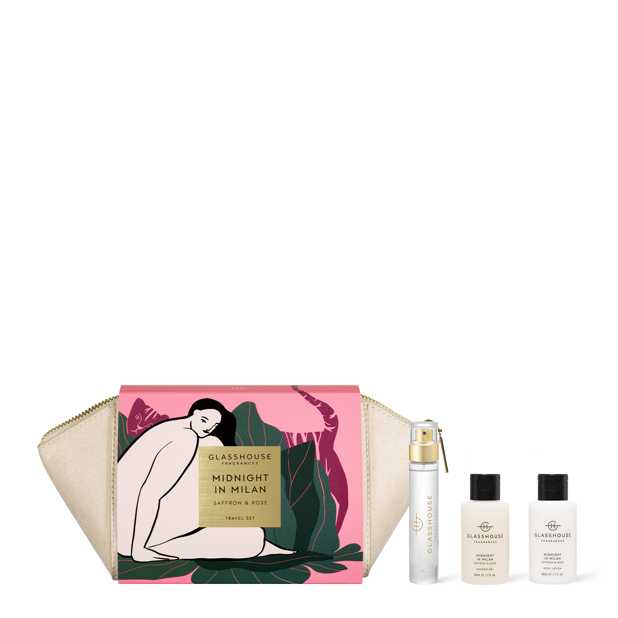 Glasshouse Fragrances Midnight in Milan Saffron and Rose travel size Shower Gel, Body Lotion, Eau de Parfum and Travel Case