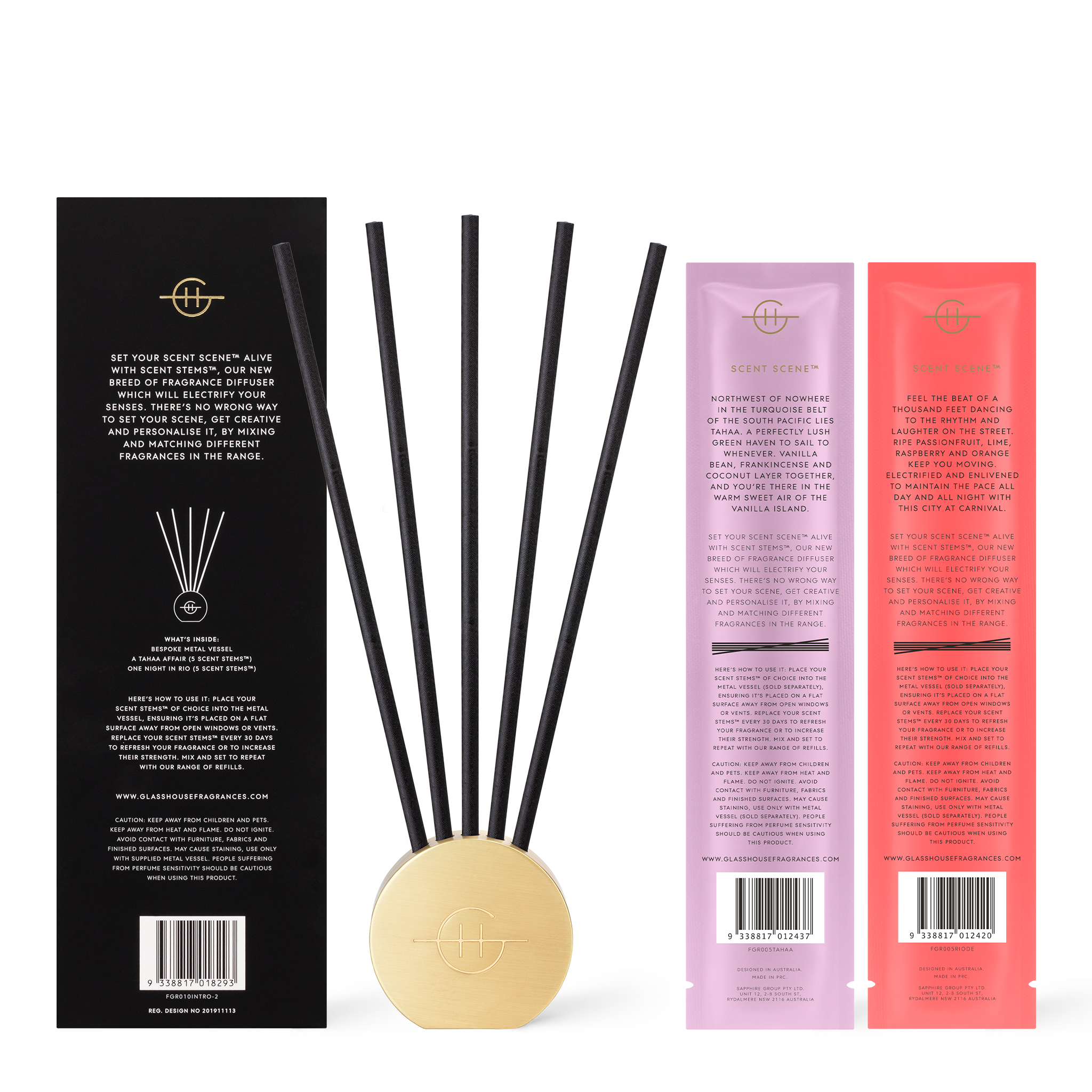 Glasshouse Fragrances A Tahaa Affair and One Night in Rio Scent Scene™ Liquidless Diffuser stand and stems - back of product