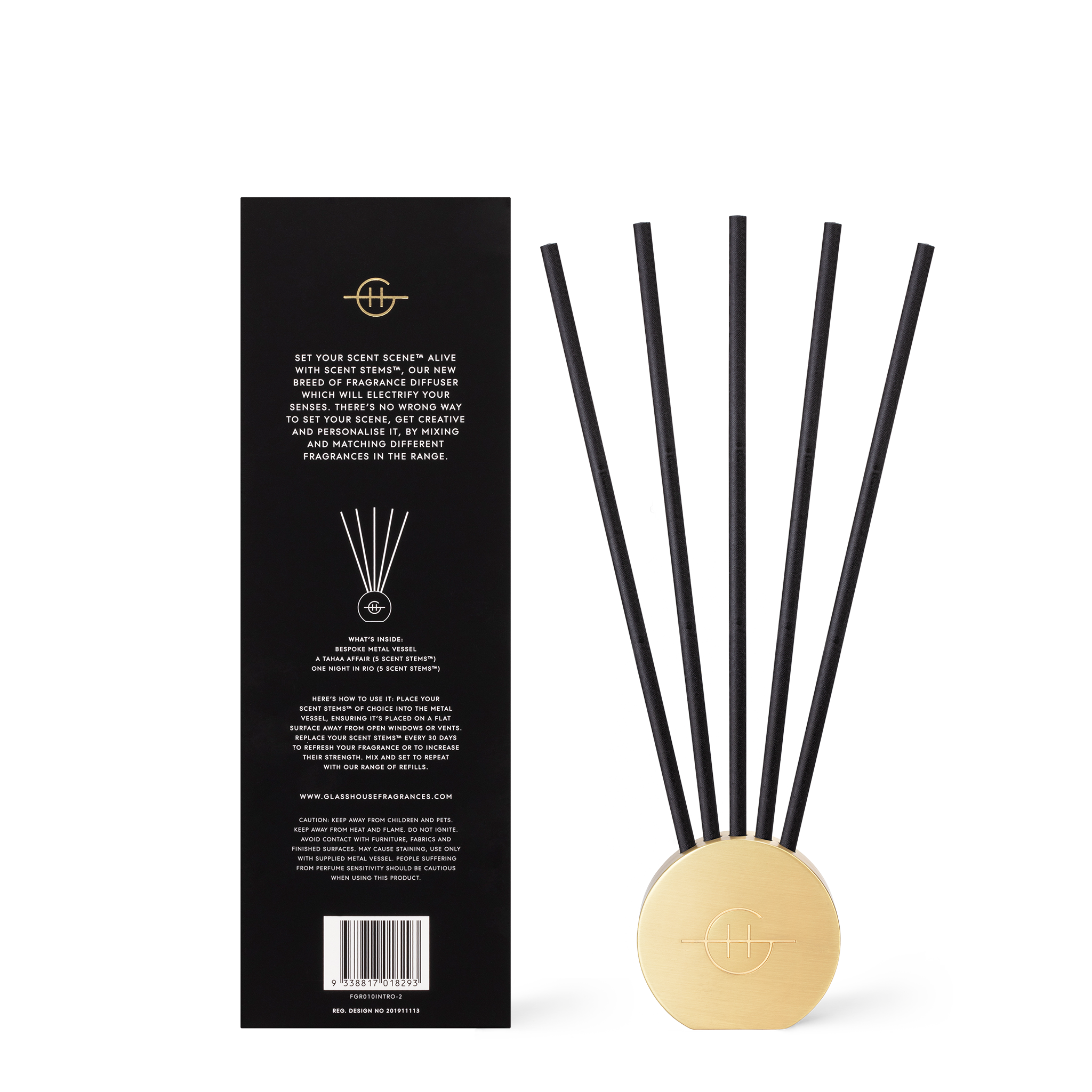 Glasshouse Fragrances A Tahaa Affair and One Night in Rio Scent Scene™ Liquidless Diffuser stand and stems - back of product