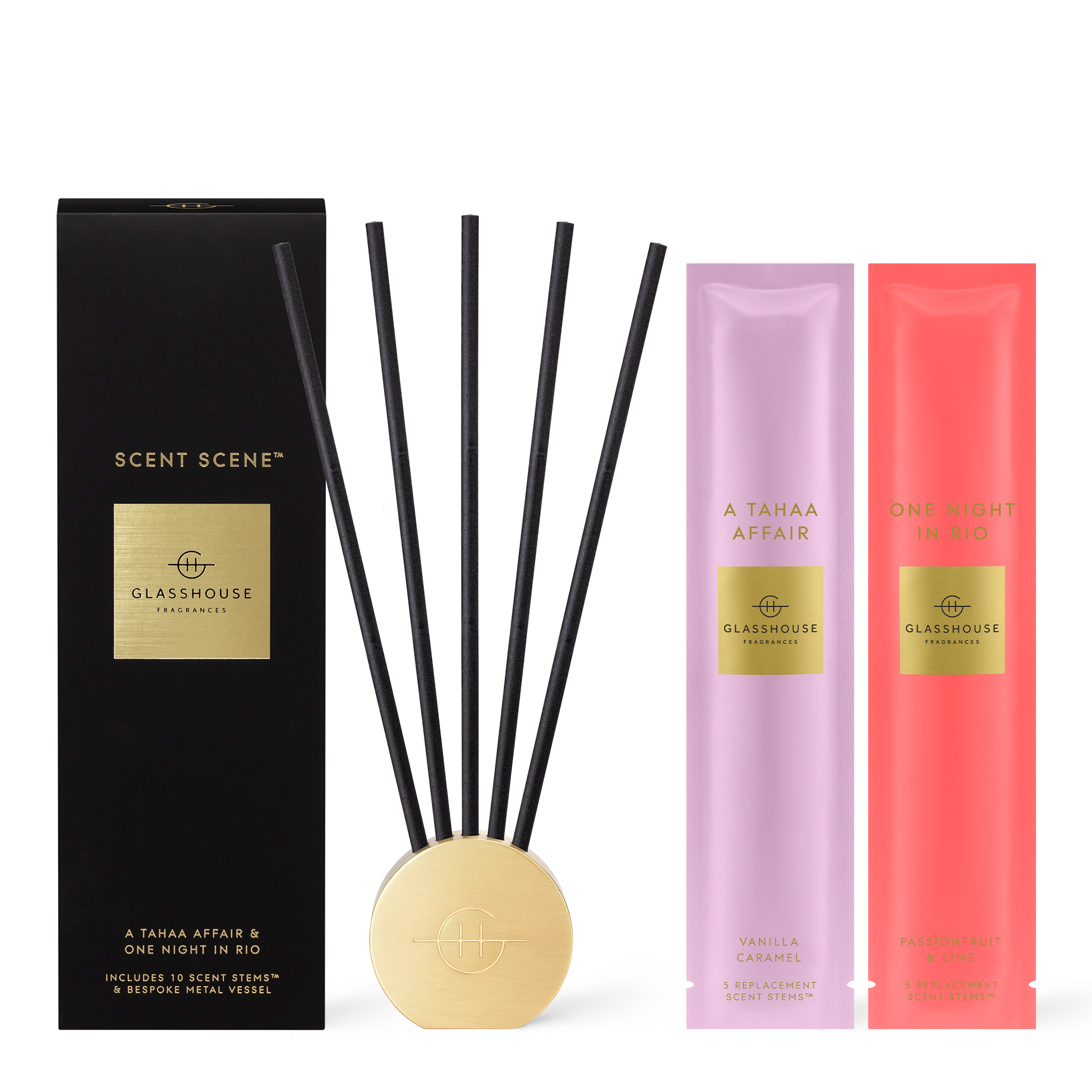 Glasshouse Fragrances A Tahaa Affair and One Night in Rio Scent Scene™ Liquidless Diffuser stand and stems with packaging