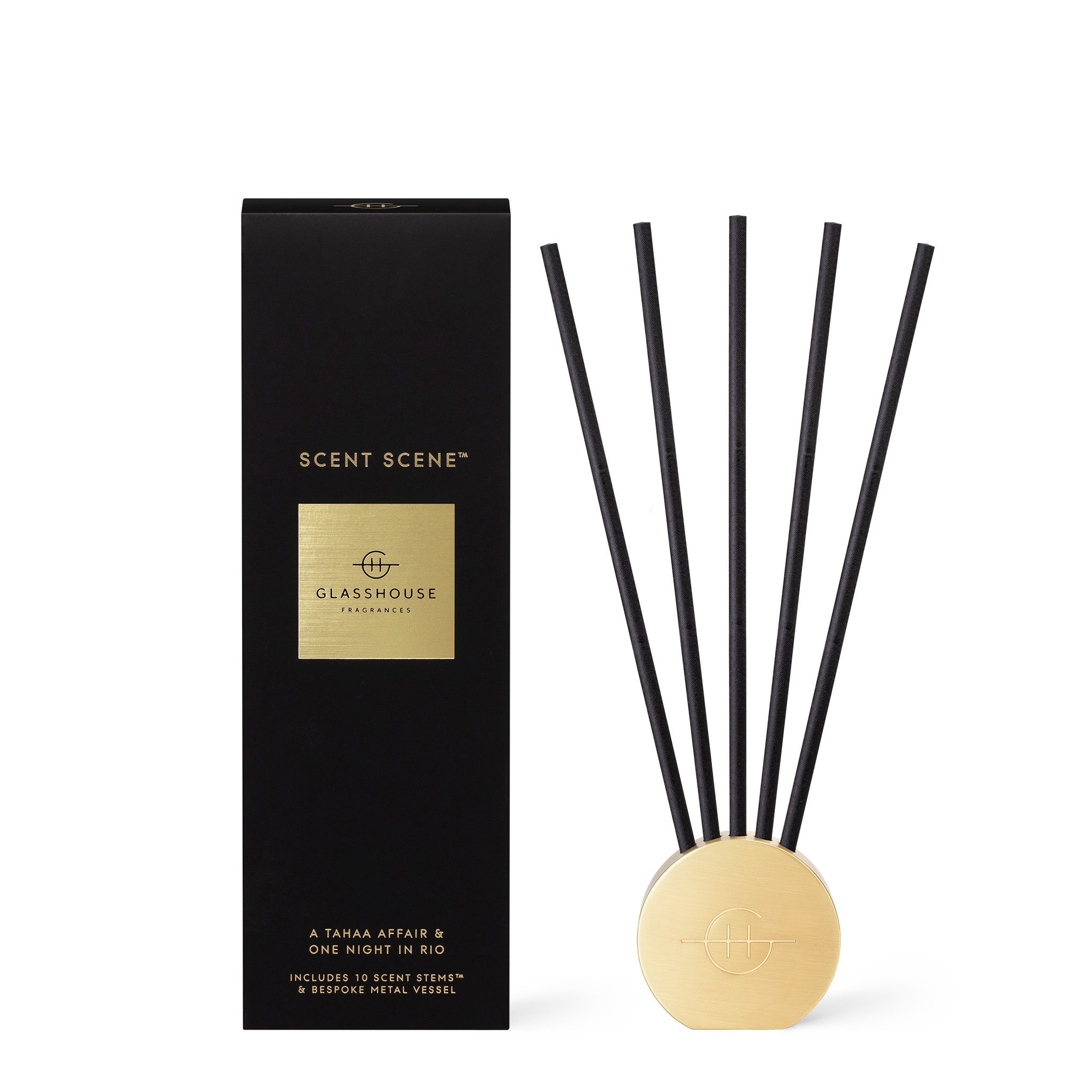 Glasshouse Fragrances A Tahaa Affair and One Night in Rio Scent Scene™ Liquidless Diffuser stand and stems with black box