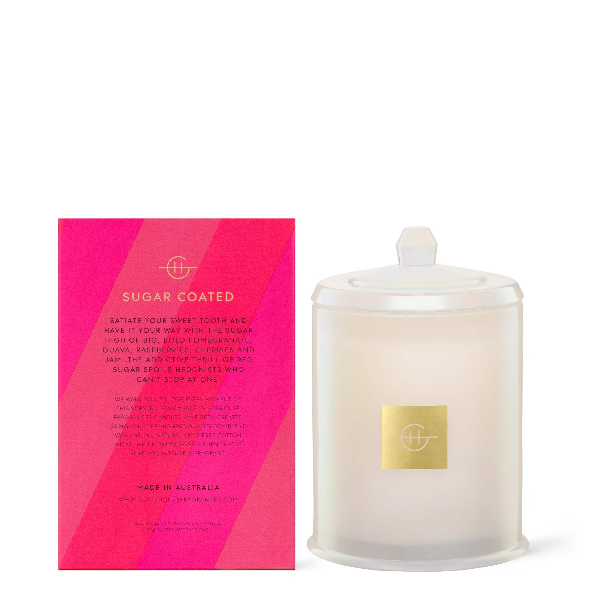 Glasshouse Fragrances All Red Ones Crimson Lollies 380g Soy Candle with box - Back of product shot