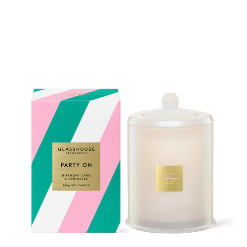 Glasshouse Fragrances Party On Birthday Cake and Sprinkles 380g Soy Candle with box 