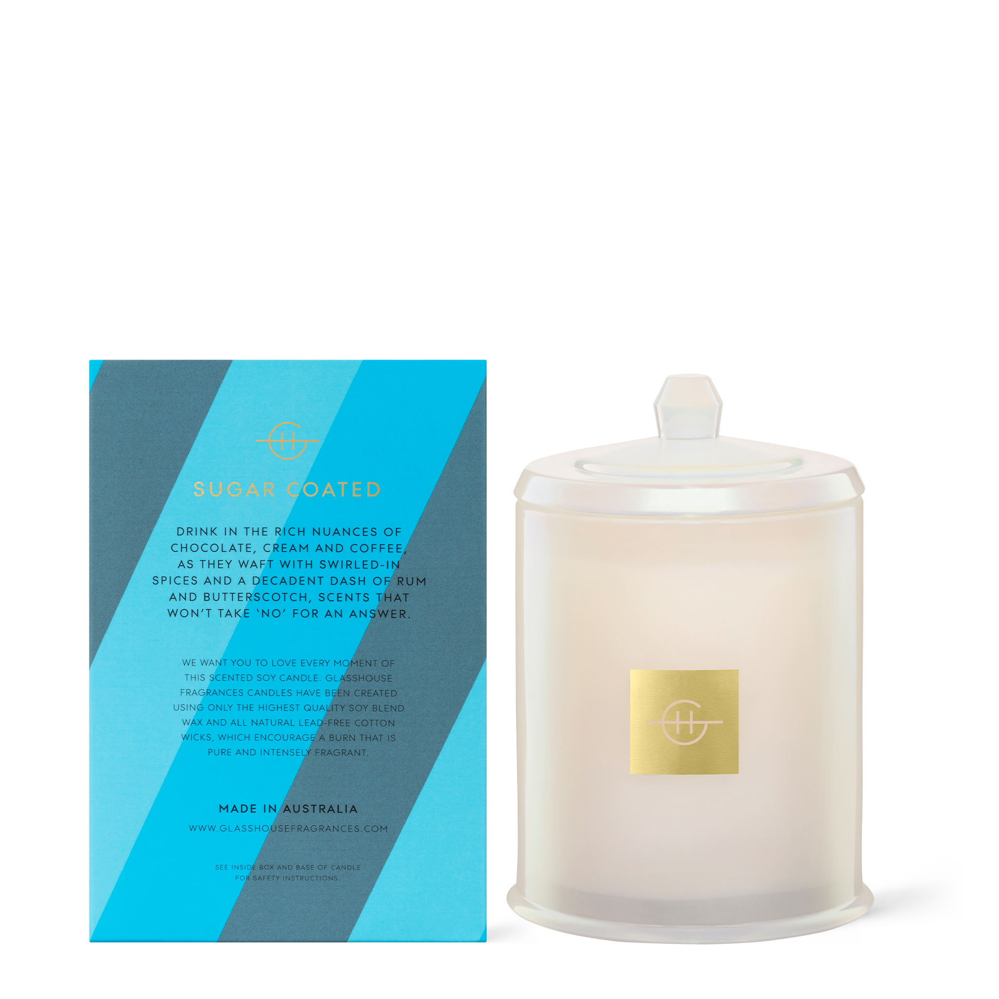 Glasshouse Fragrances Rich & Famous Iced Mocha 380g Soy Candle with box - back of product shot