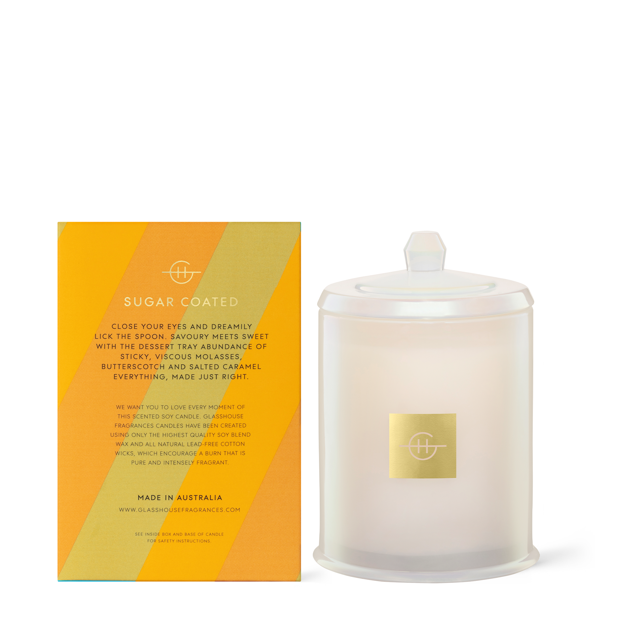 Glasshouse Fragrances Sweet Enough Salted Caramel 380g Soy Candle with box - back of product shot