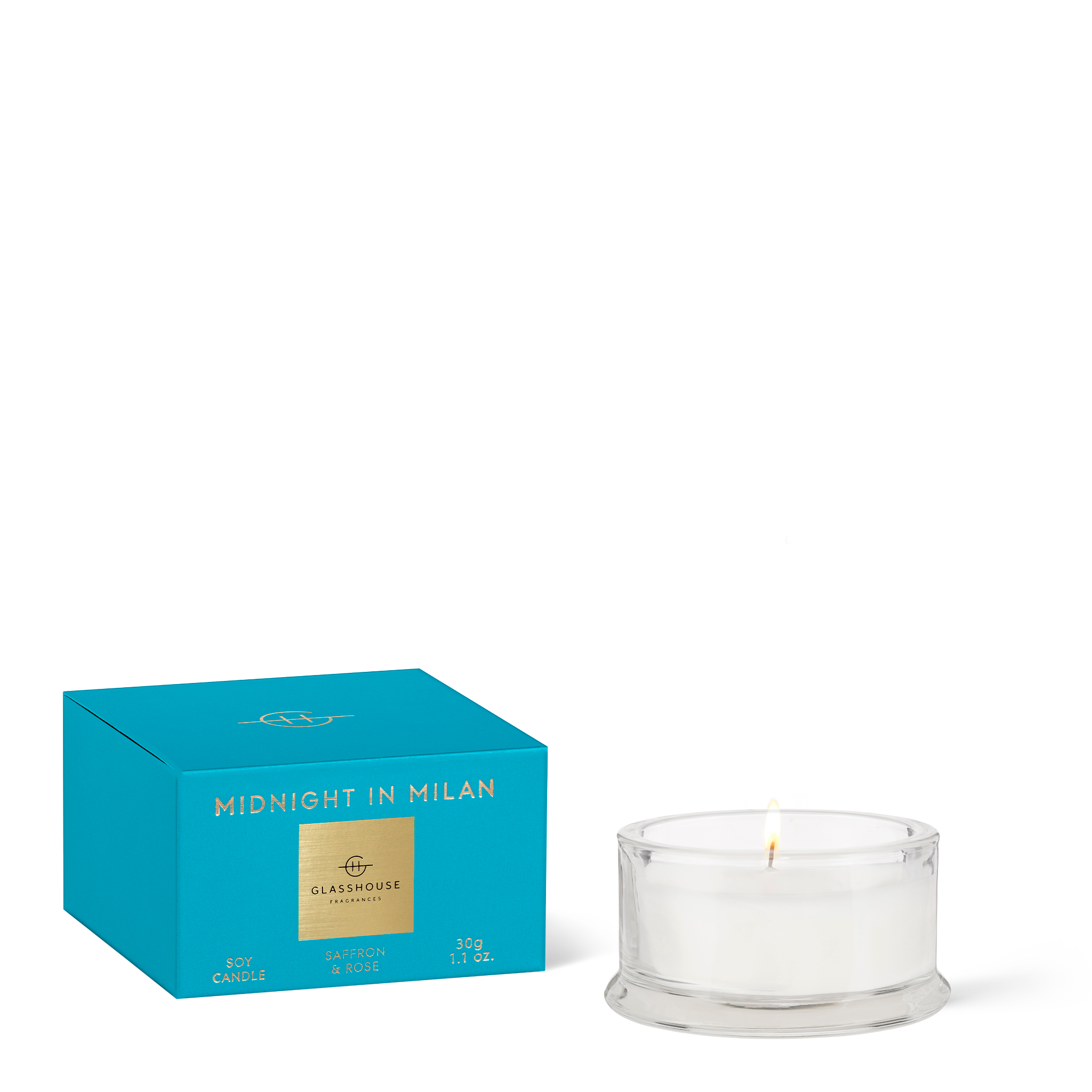 Glasshouse Fragrances Midnight in Milan Saffron and Rose 30g Soy Candle with box - angled shot