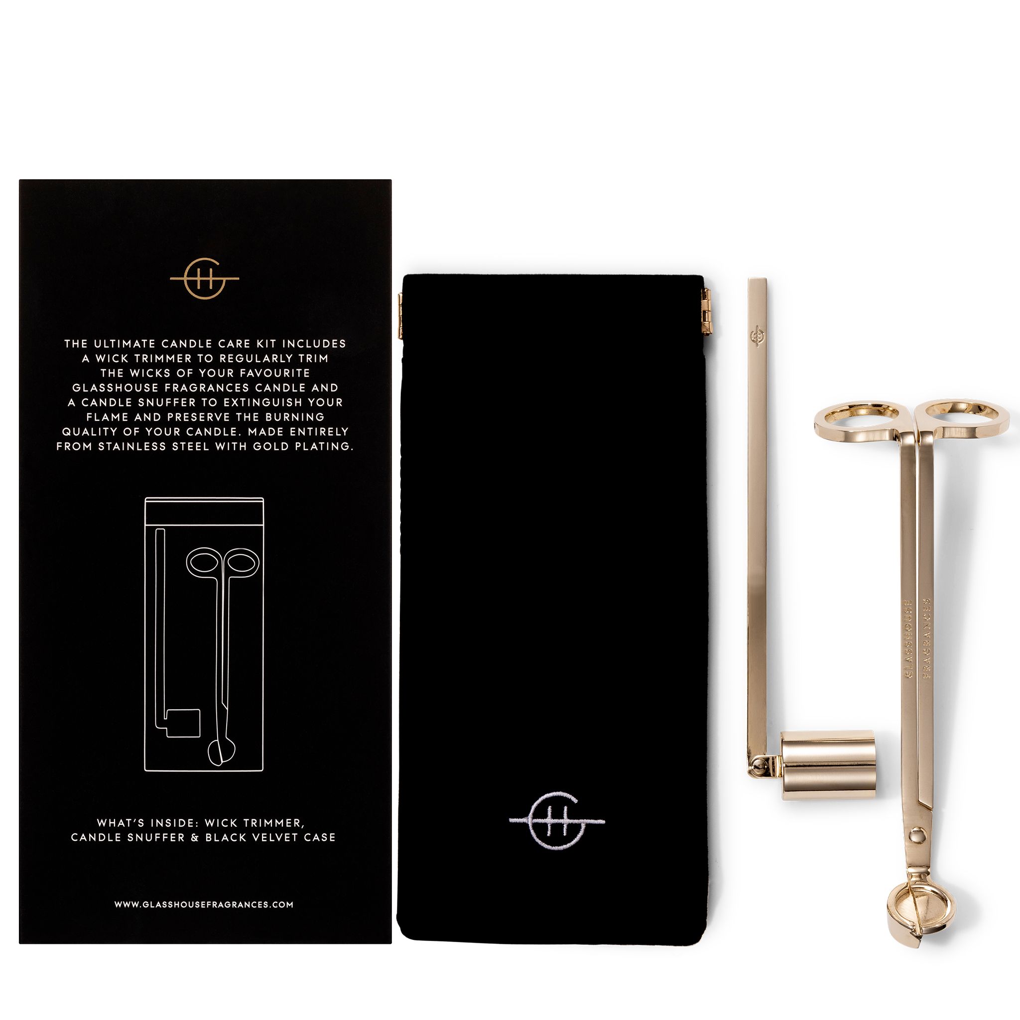 Glasshouse Fragrances Candle Care Kit - wick trimmer, candle snuffer, velvet case and gift box - back of product shot