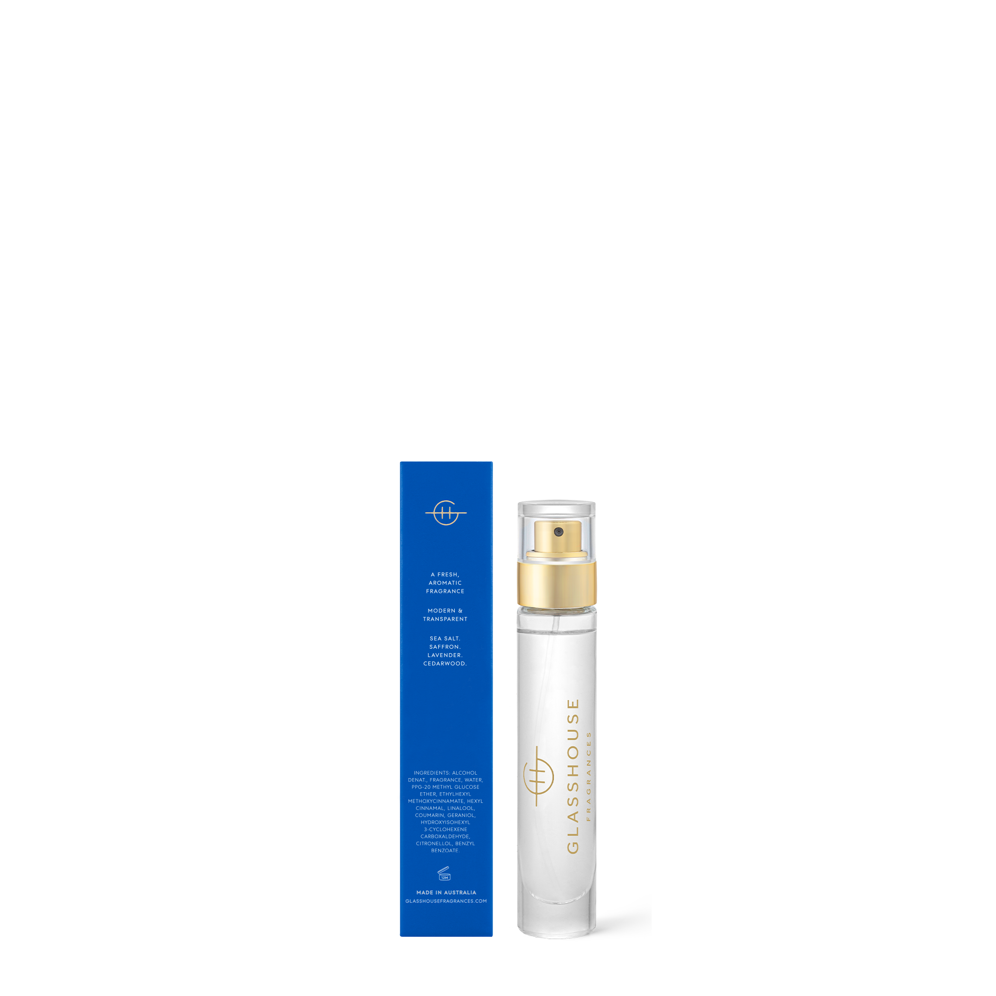 Glasshouse Fragrances Diving Into Cyprus Sea Salt & Saffron 14mL Eau de Parfum Spray with box - back of product