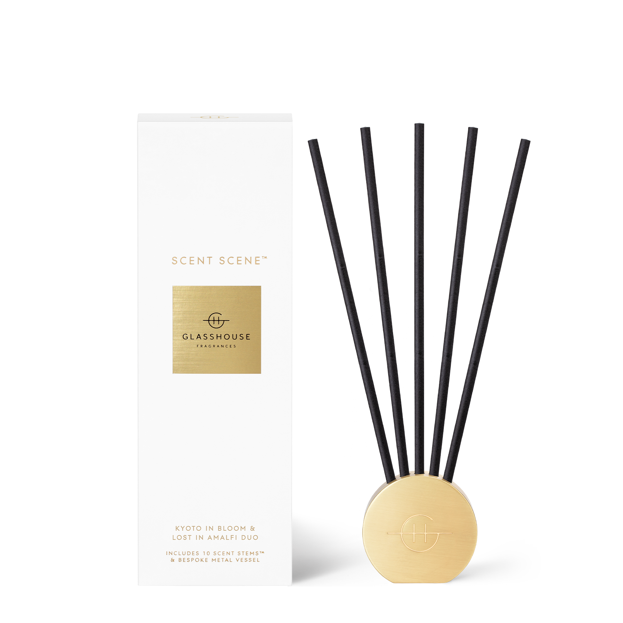 Glasshouse Fragrances Kyoto in Bloom and Lost in Amalfi Scent Scene™ Liquidless Diffuser stand and stems with white box
